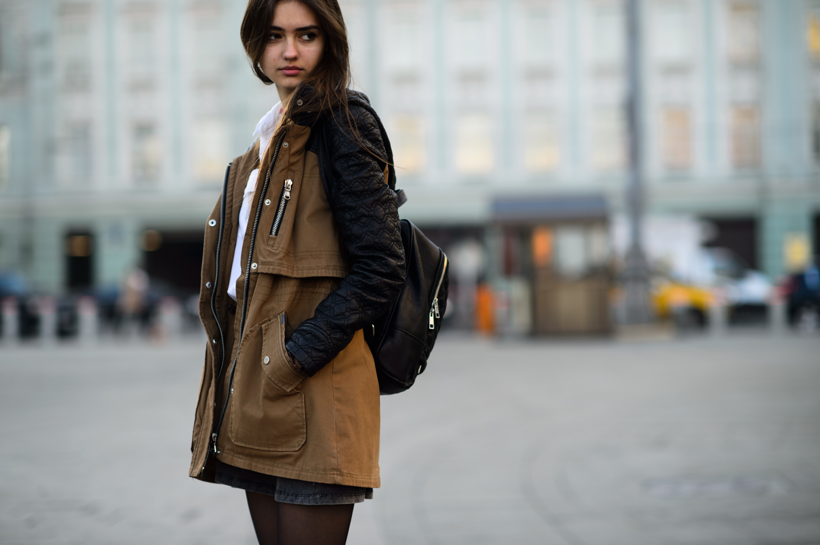 Russian model wearing a backpack