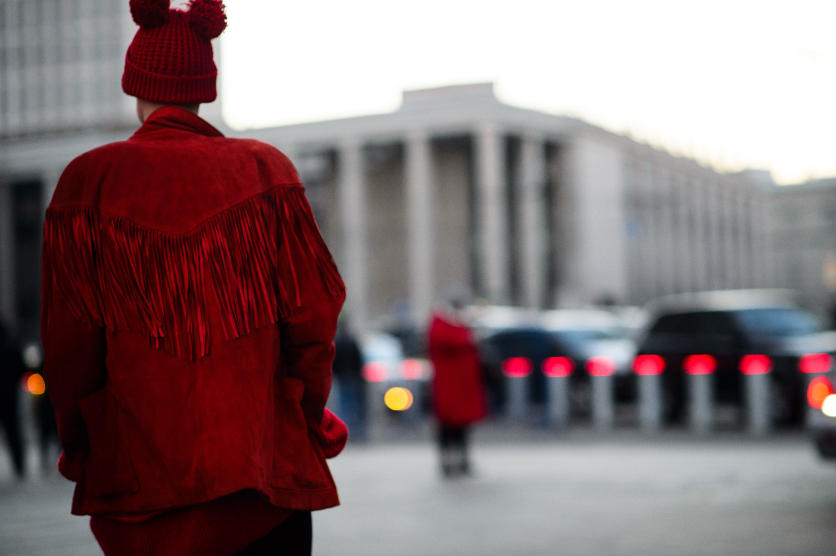 Man wearing a red suede jacket