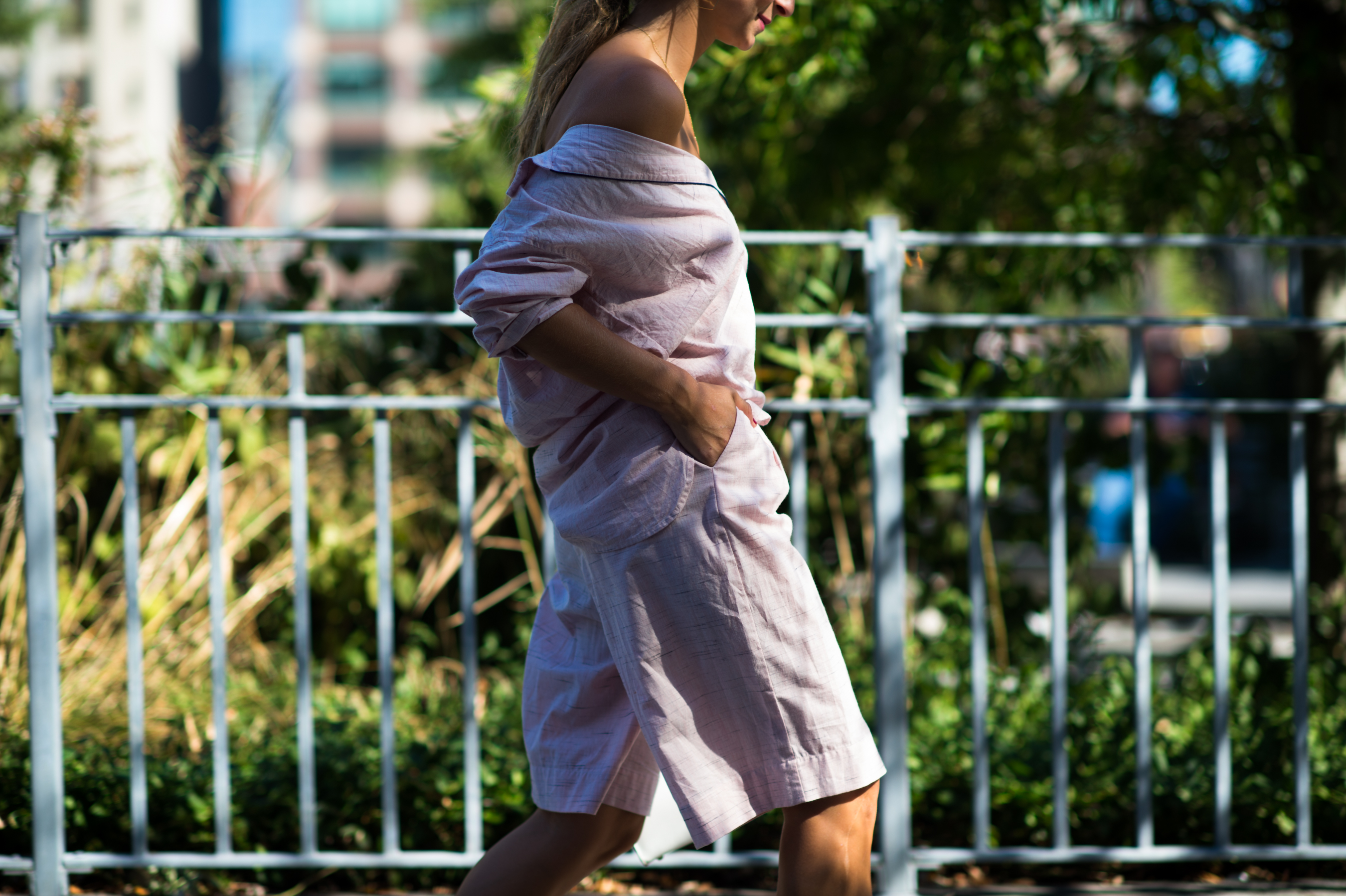 Refinery29 editor wearing pink linen