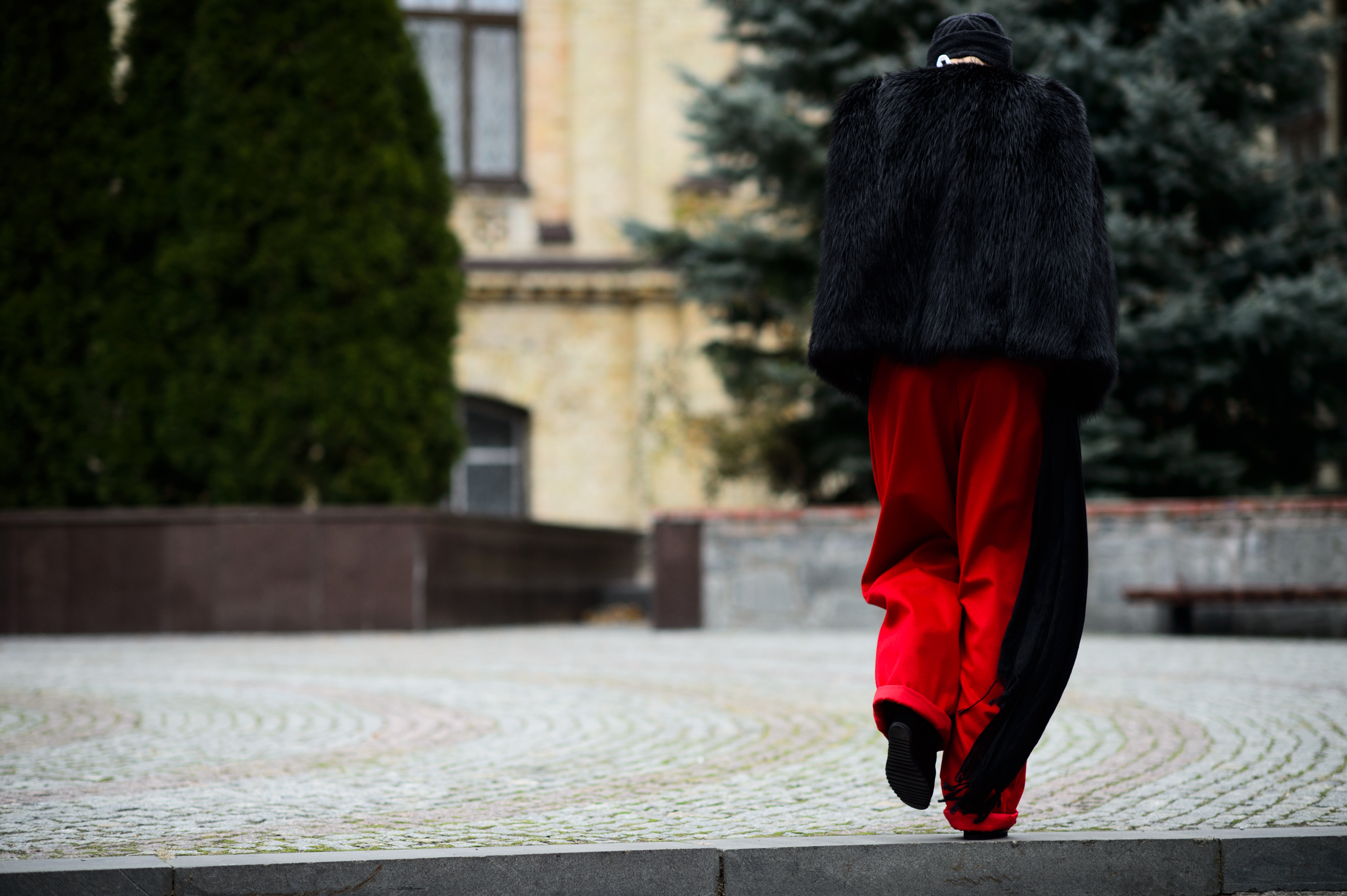 Ukrainian designer wearing big red pants