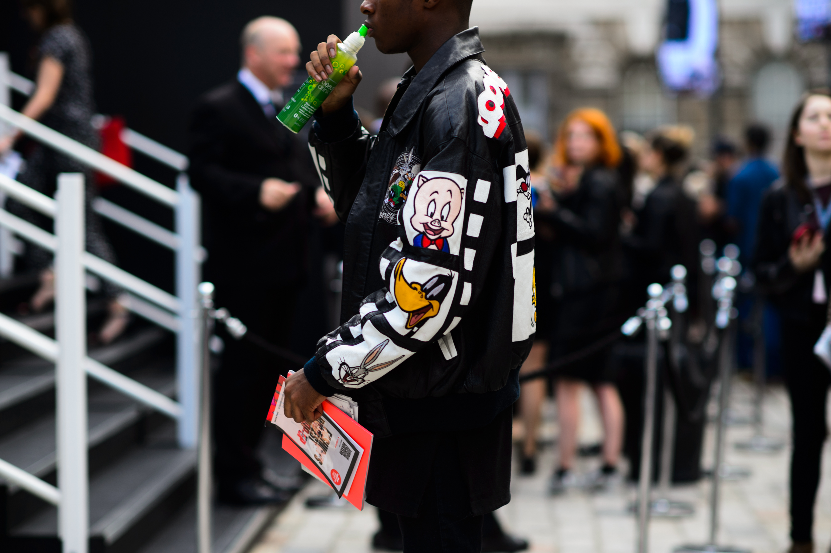 Man wearing a Looney Toons leather jacket