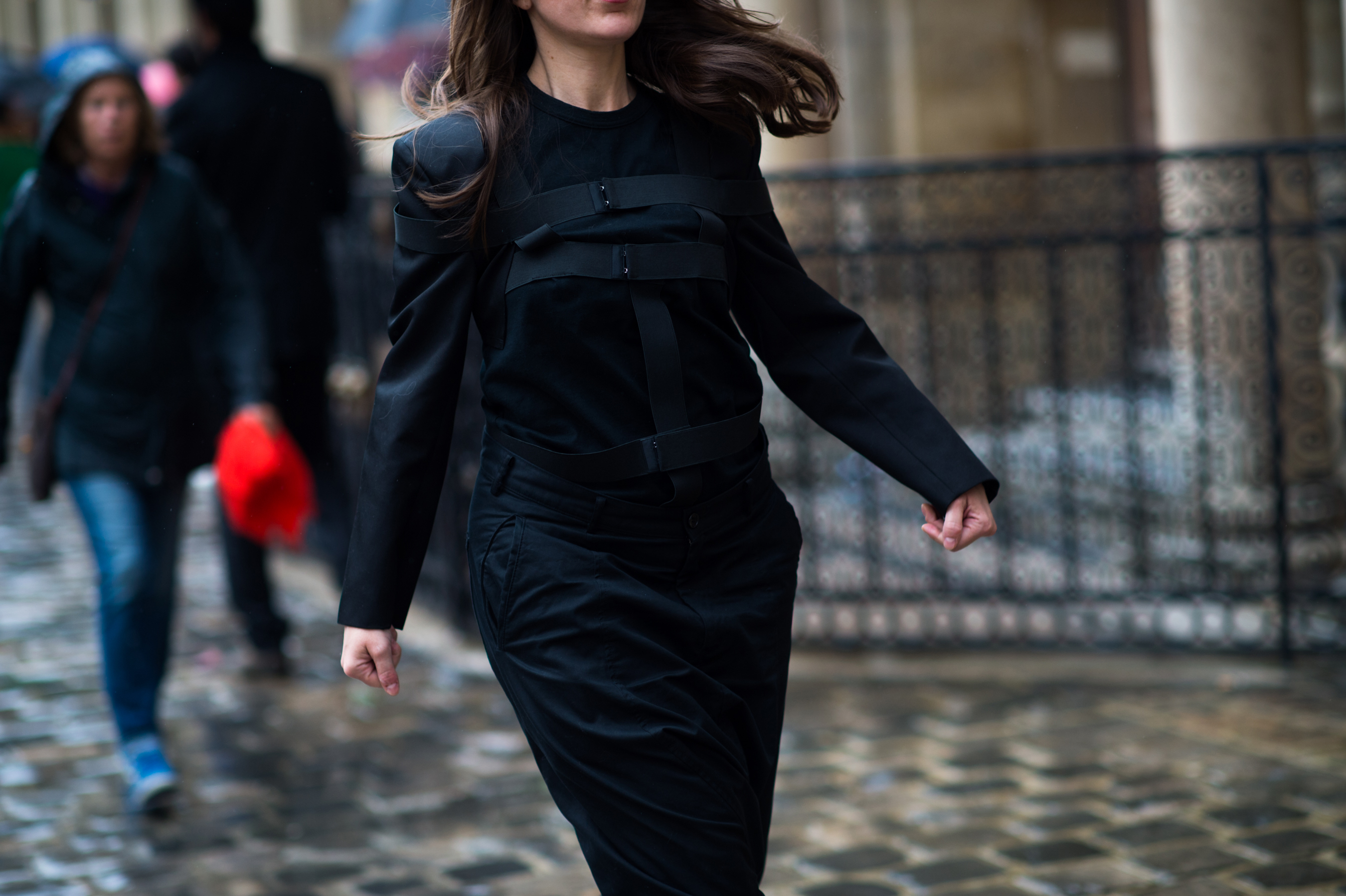 Woman leaving a French fashion show