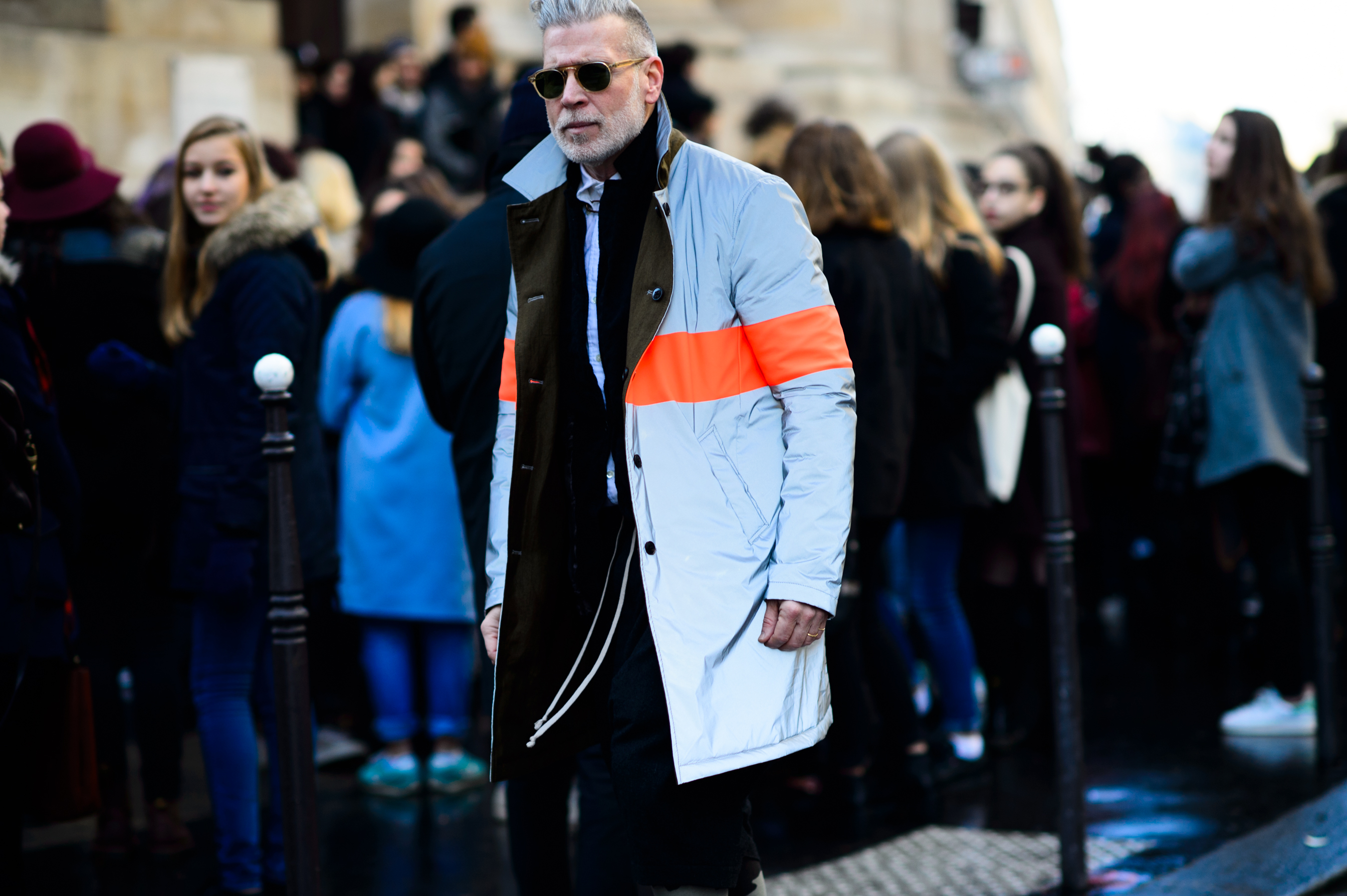 American man wearing a reflective parka