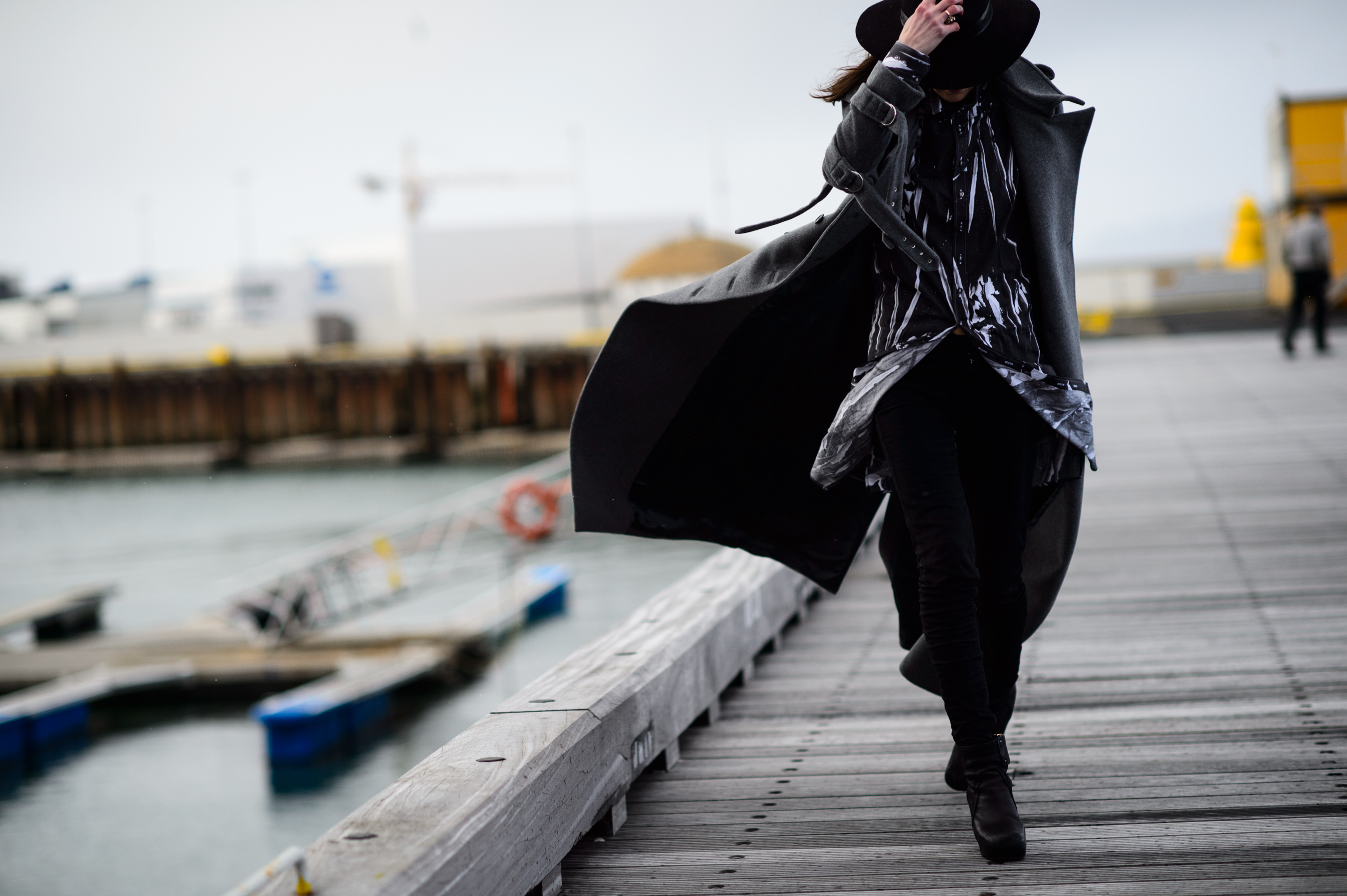 Icelandic stylist in a massive grey coat