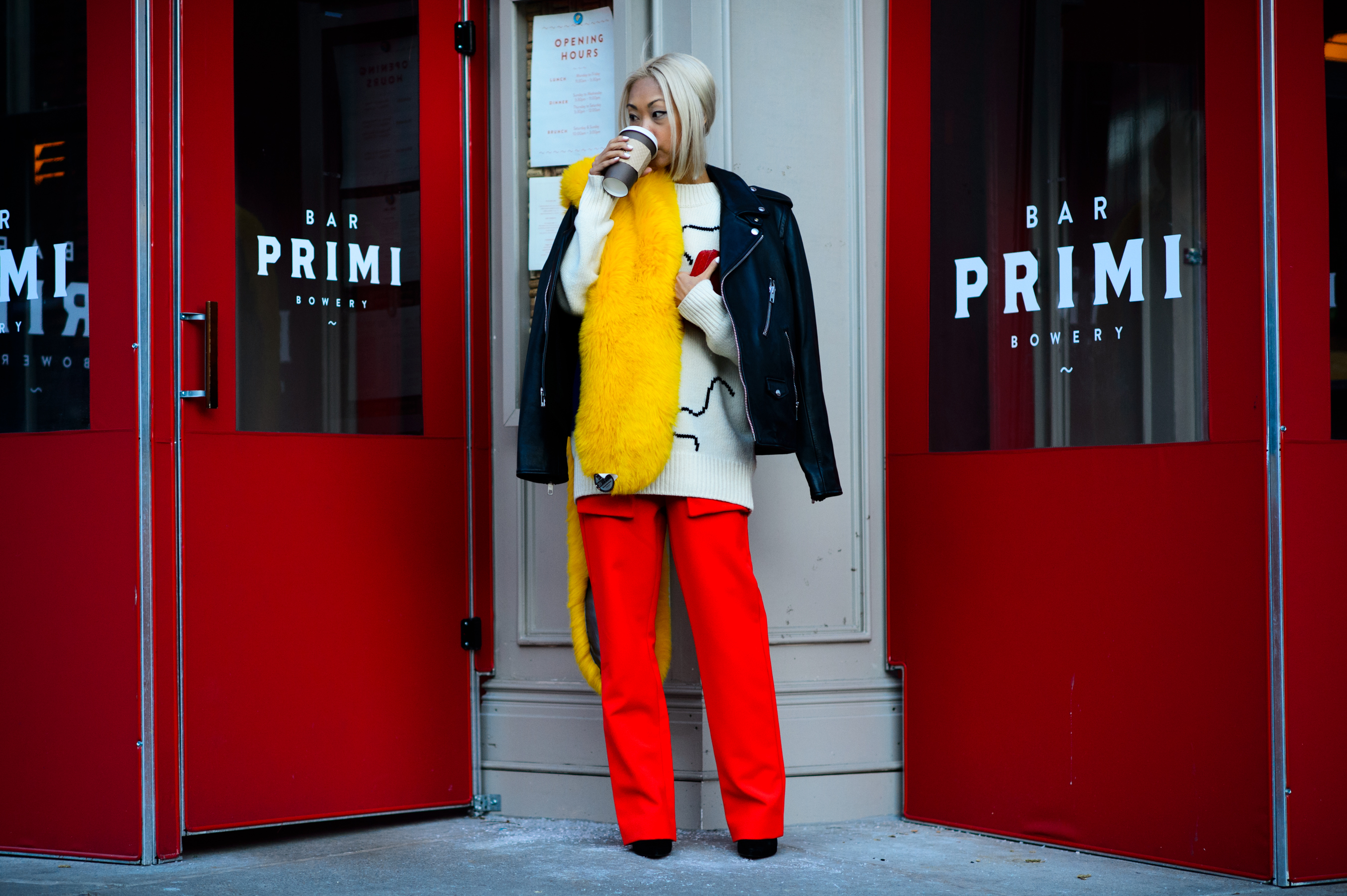 Blogger wearing a yellow fur stoal