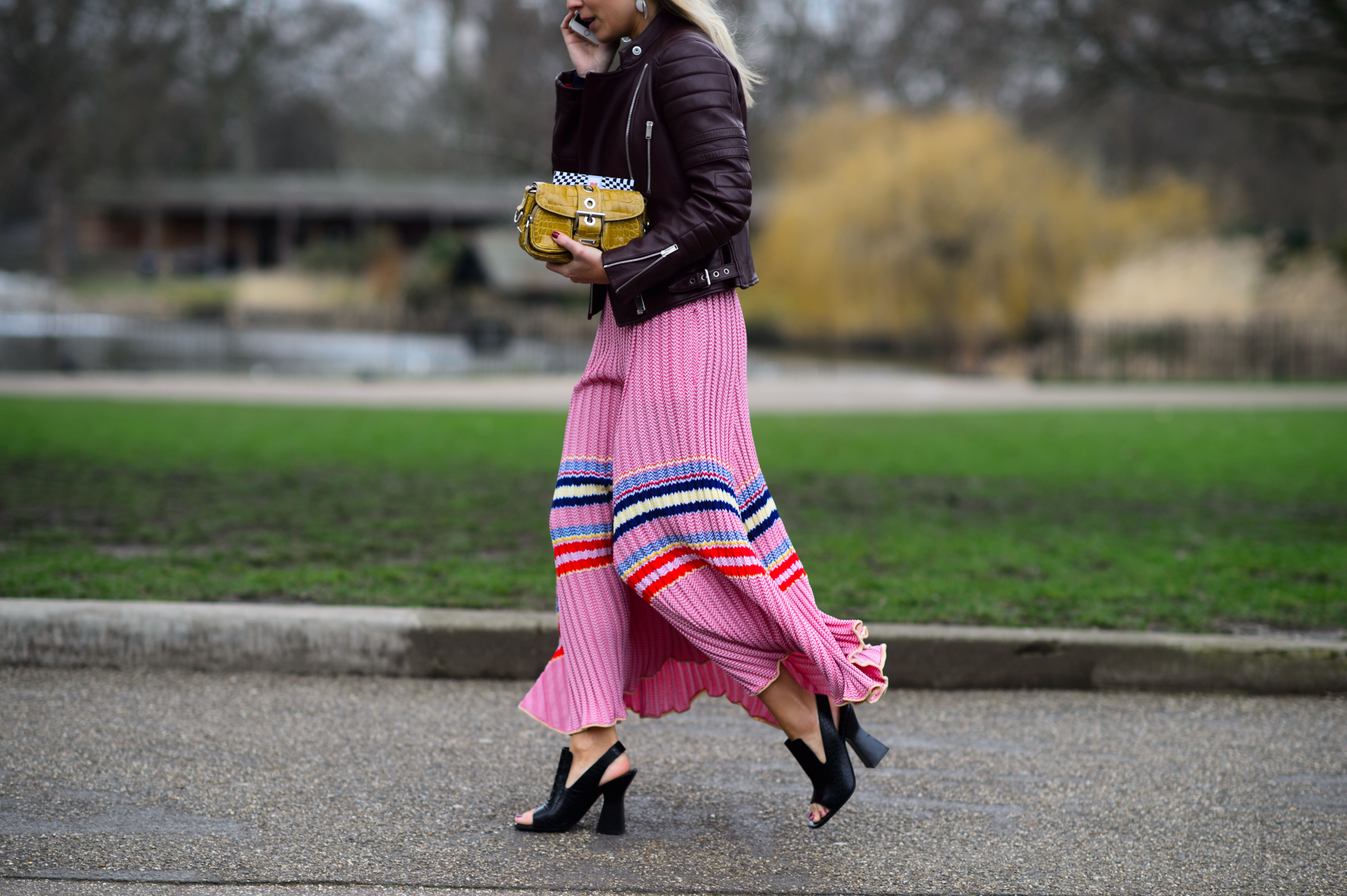 Woman wearing a pink Céline skirt