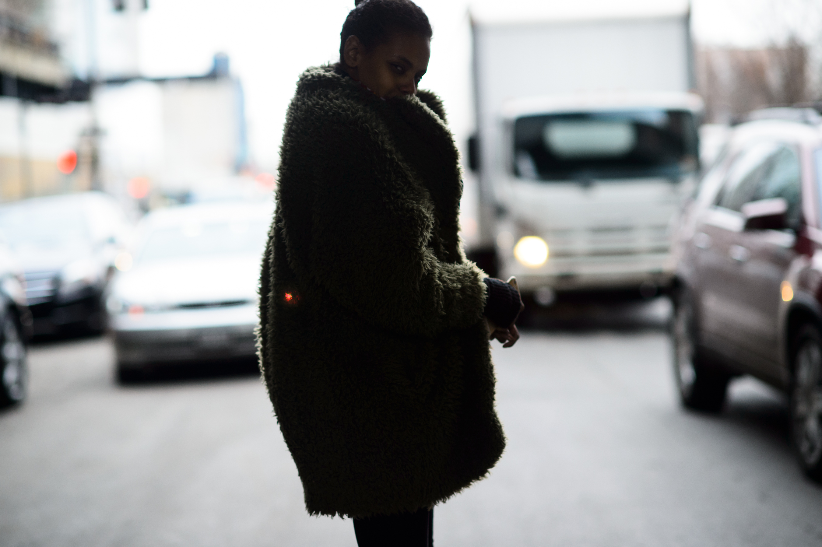 Canadian model in a green faux fur coat