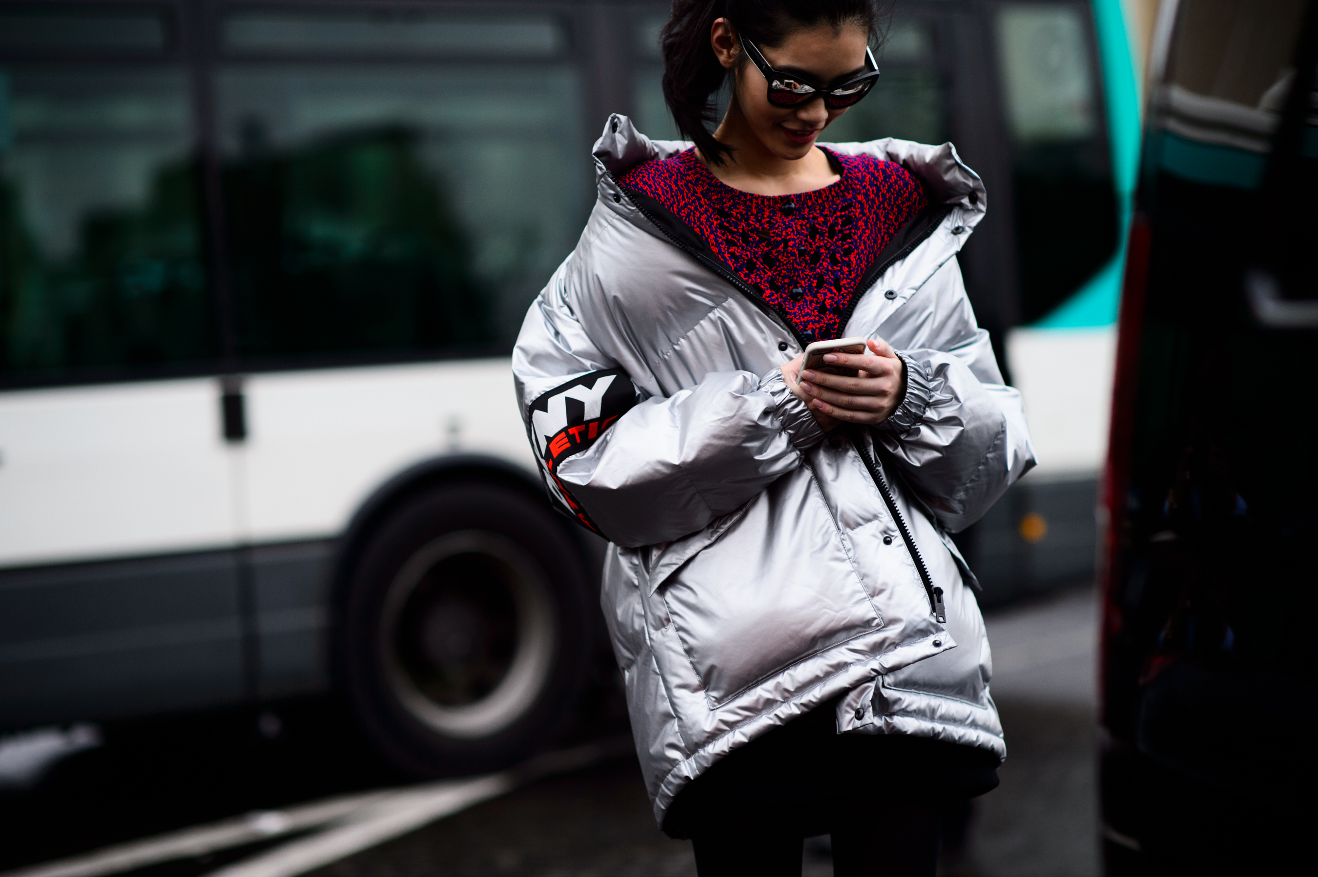 Chinese model in a silver DKNY puffer jacket
