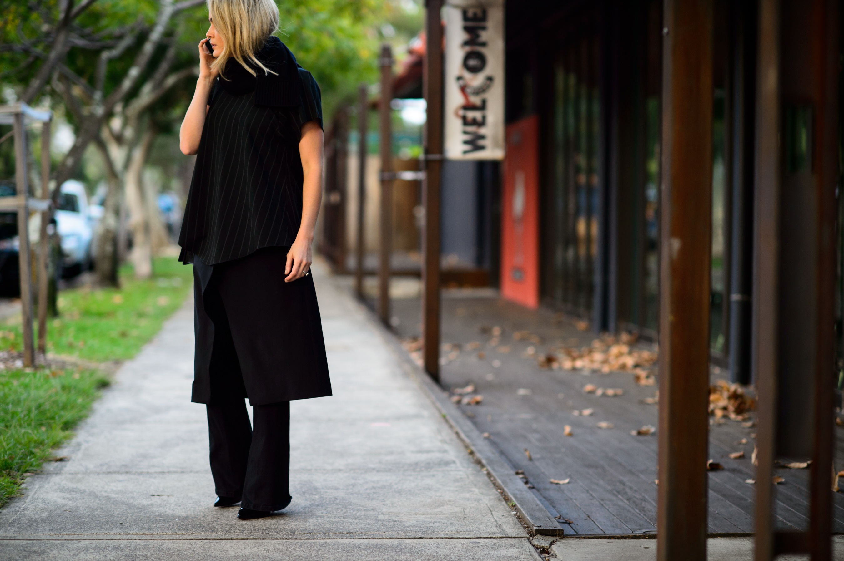 Australian girl wearing pinstripes before Ellery