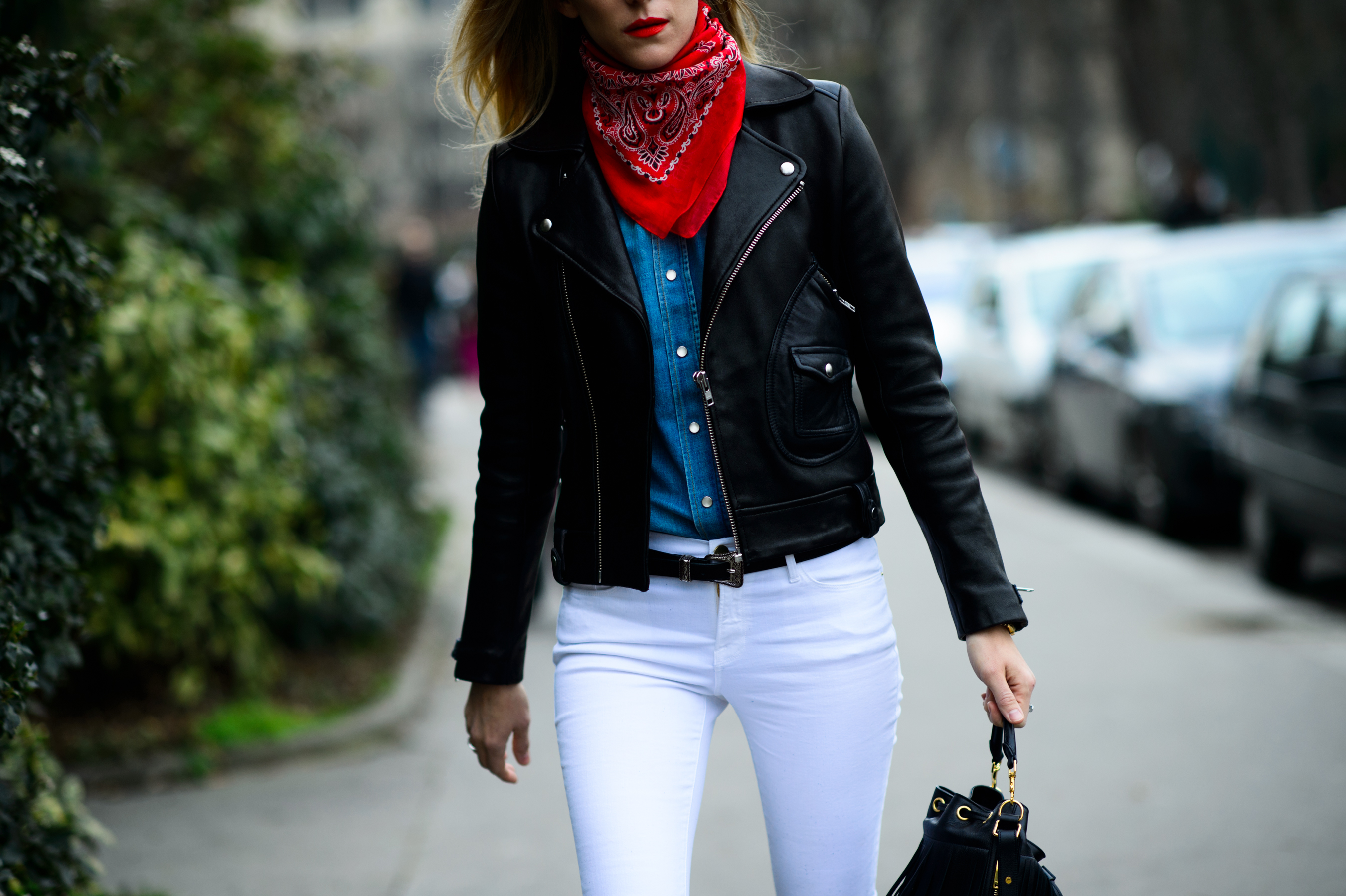 Canadian editor wearing red lipstick and bandana