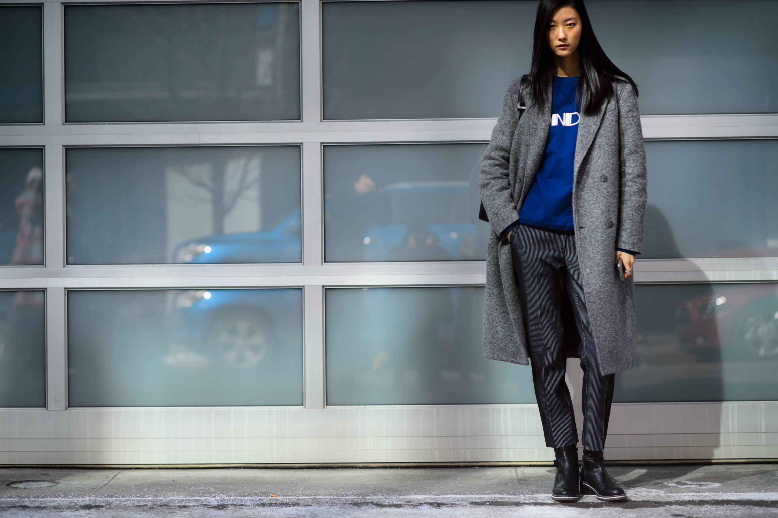 South Korean model wearing grey and blue