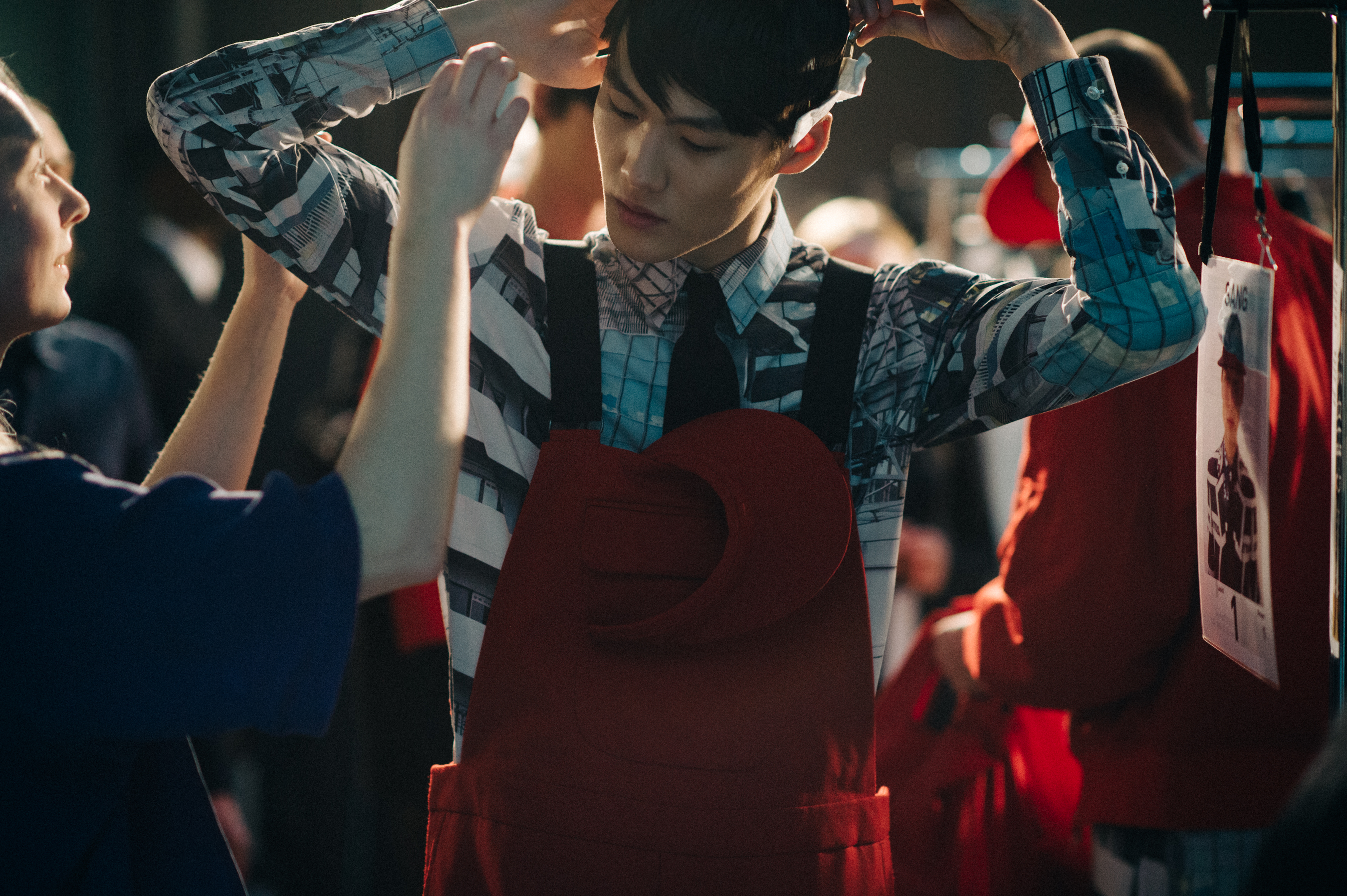 Asian model wearing red