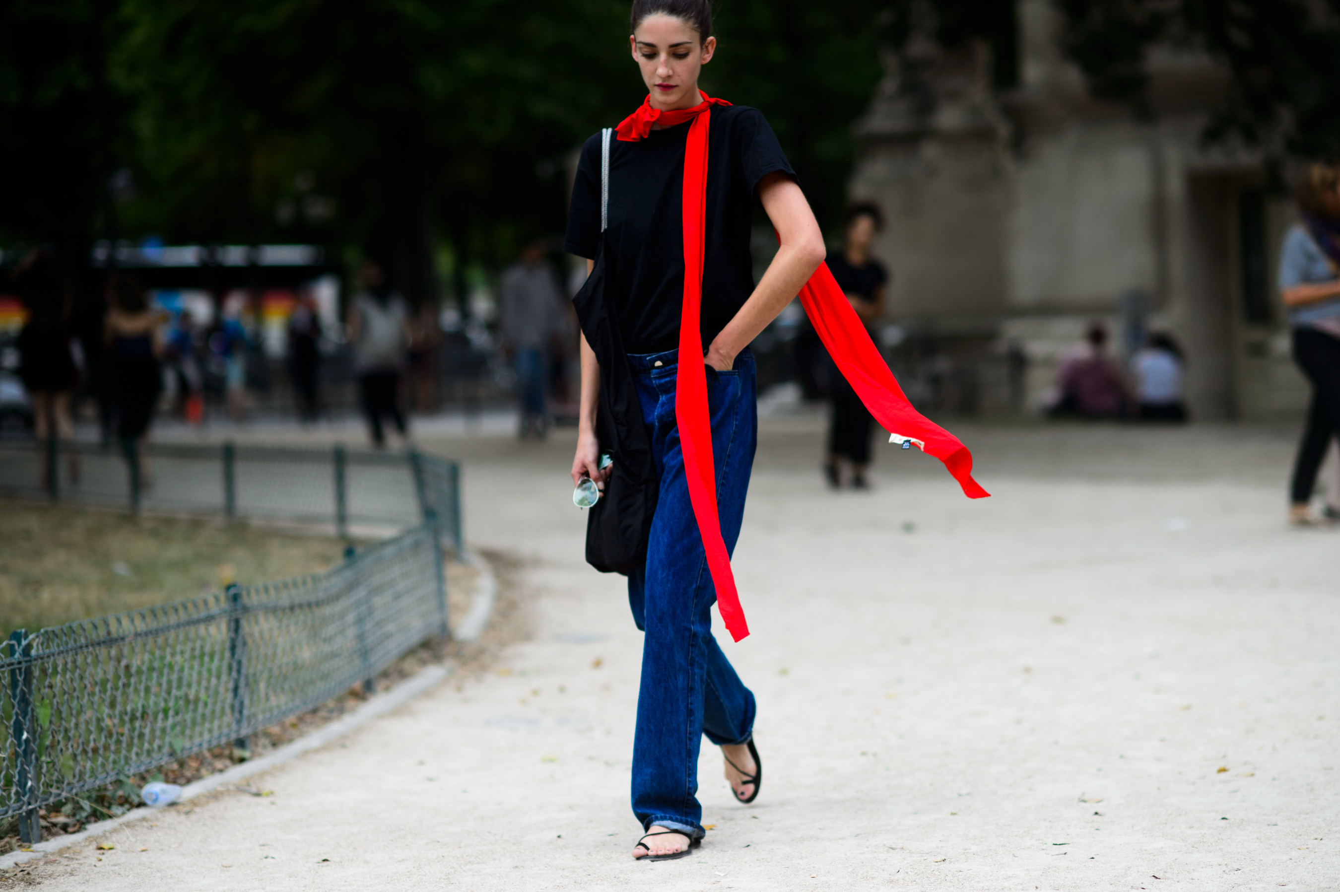 Brazilian model wearing a red scarf after Chanel Couture