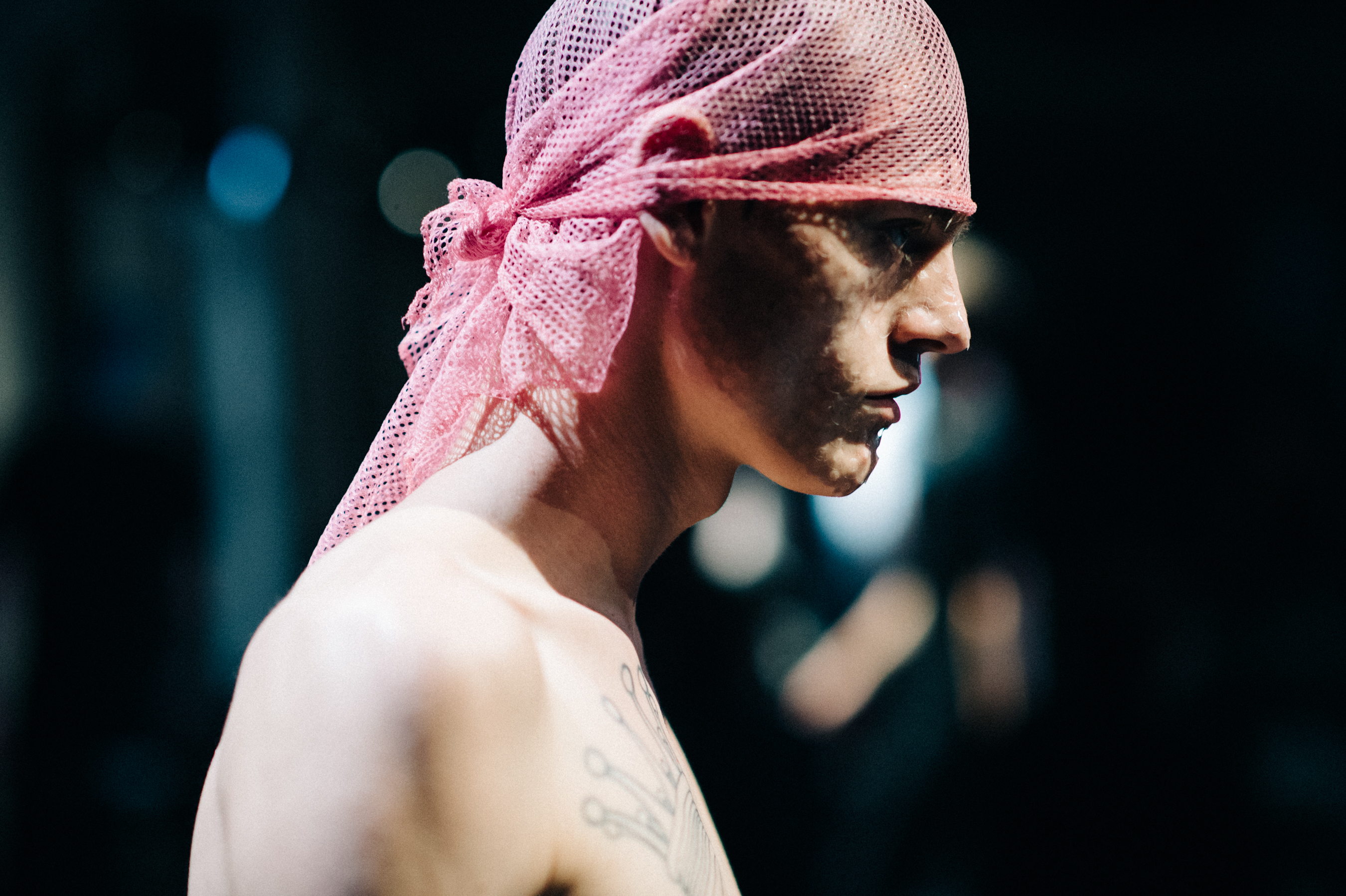 Danish male model with tattoos Marcus Arlien-Søborg during the rehearsal before the fashion show