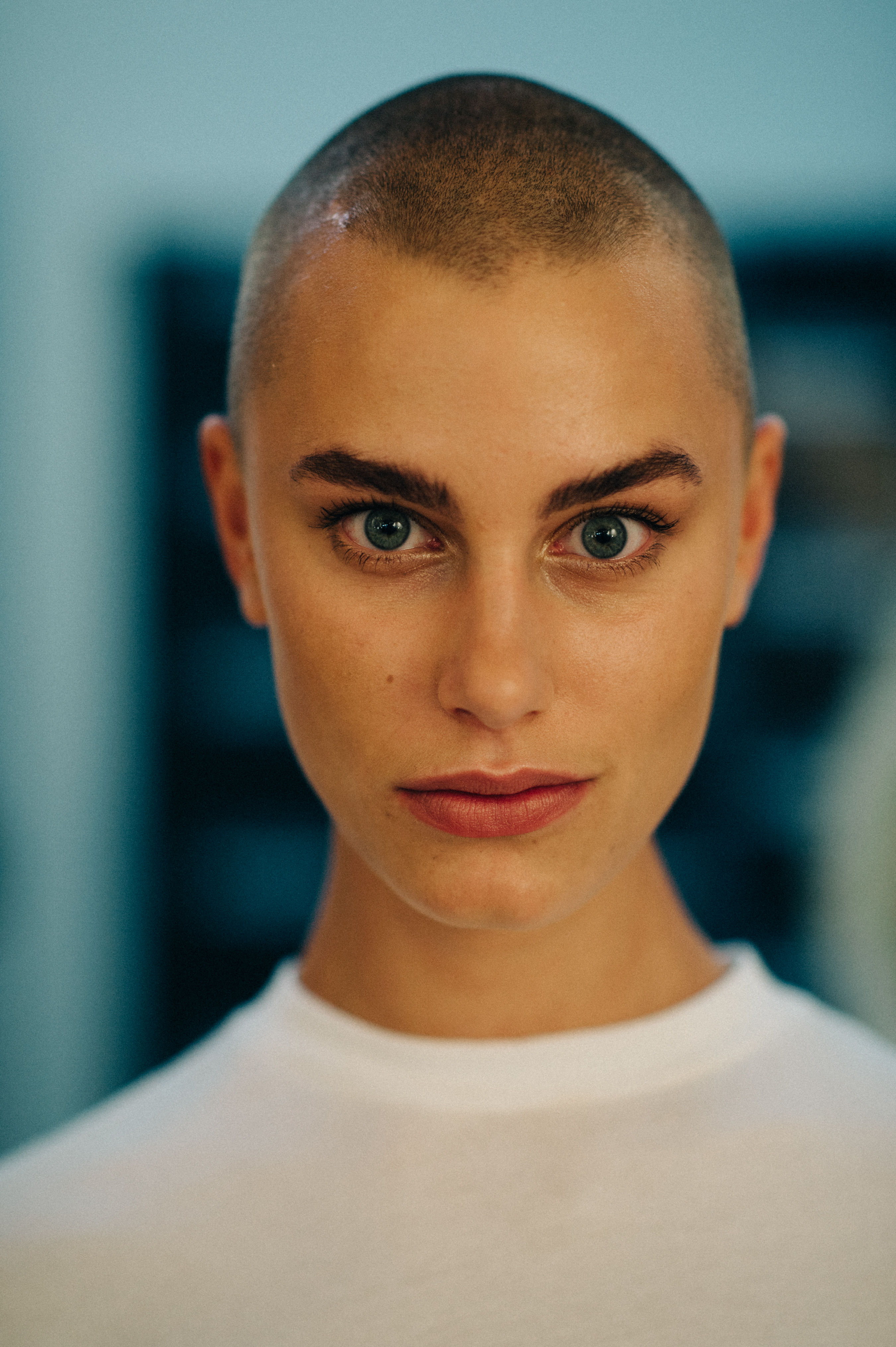 Portrait of model with short hair before the show
