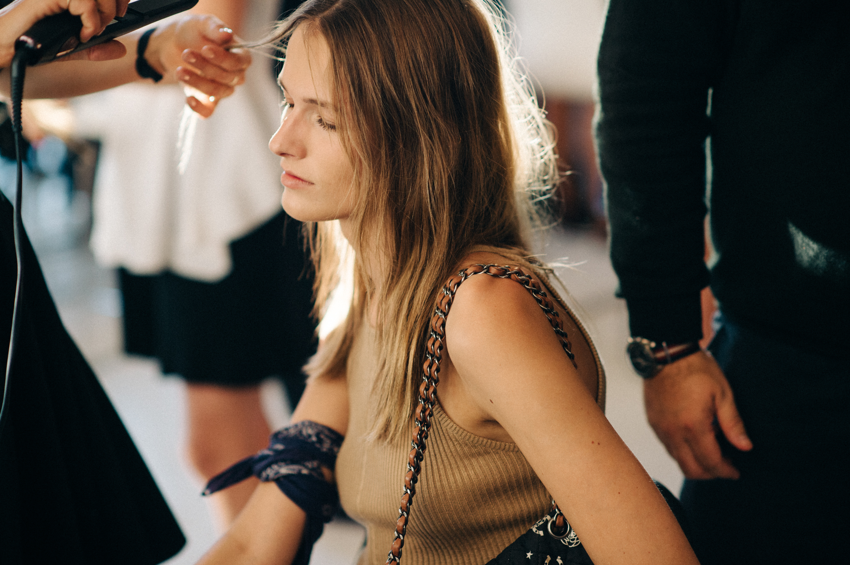 Danish model getting hair done before the show