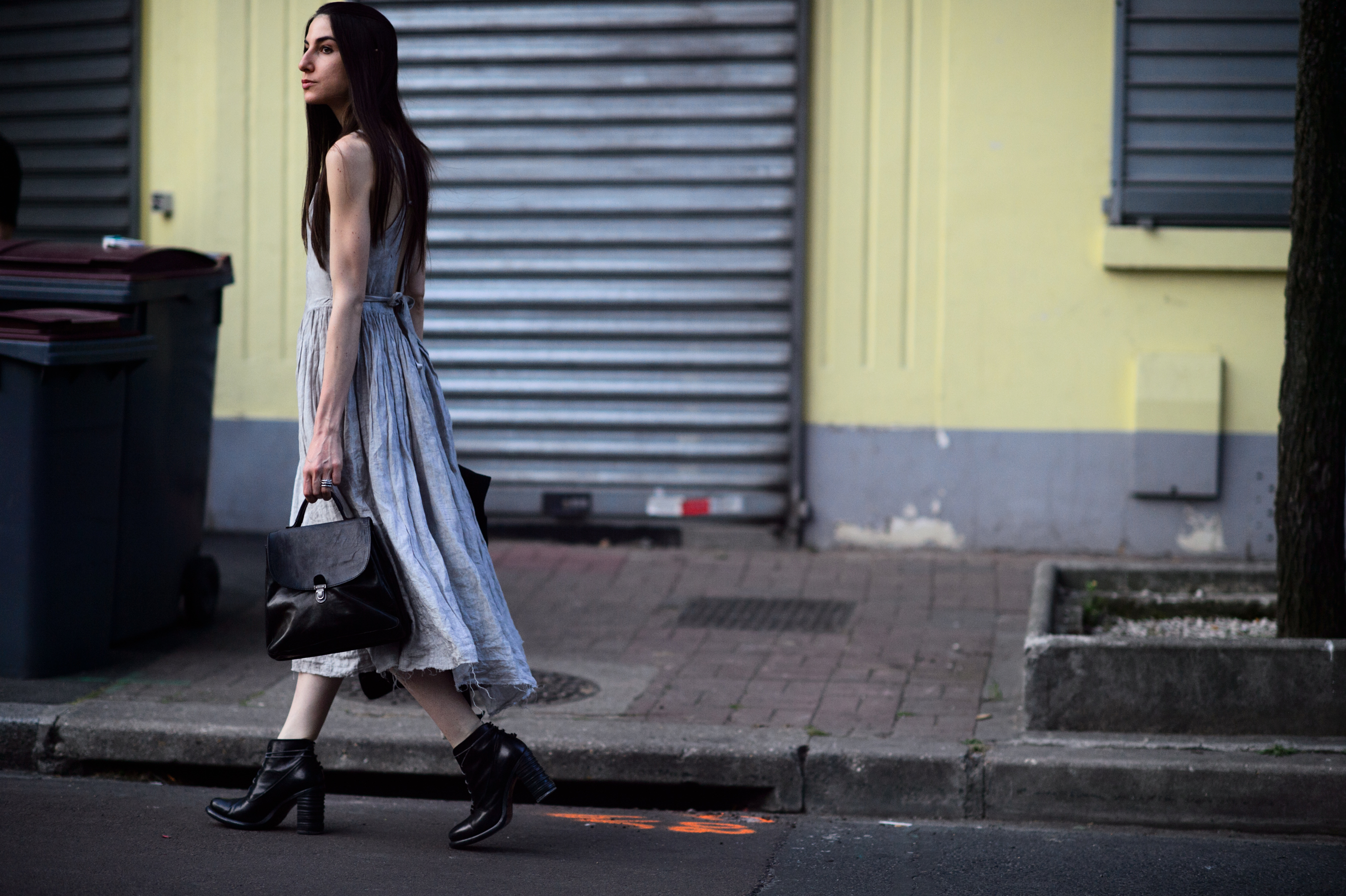 Girl wearing grey clothes before the show