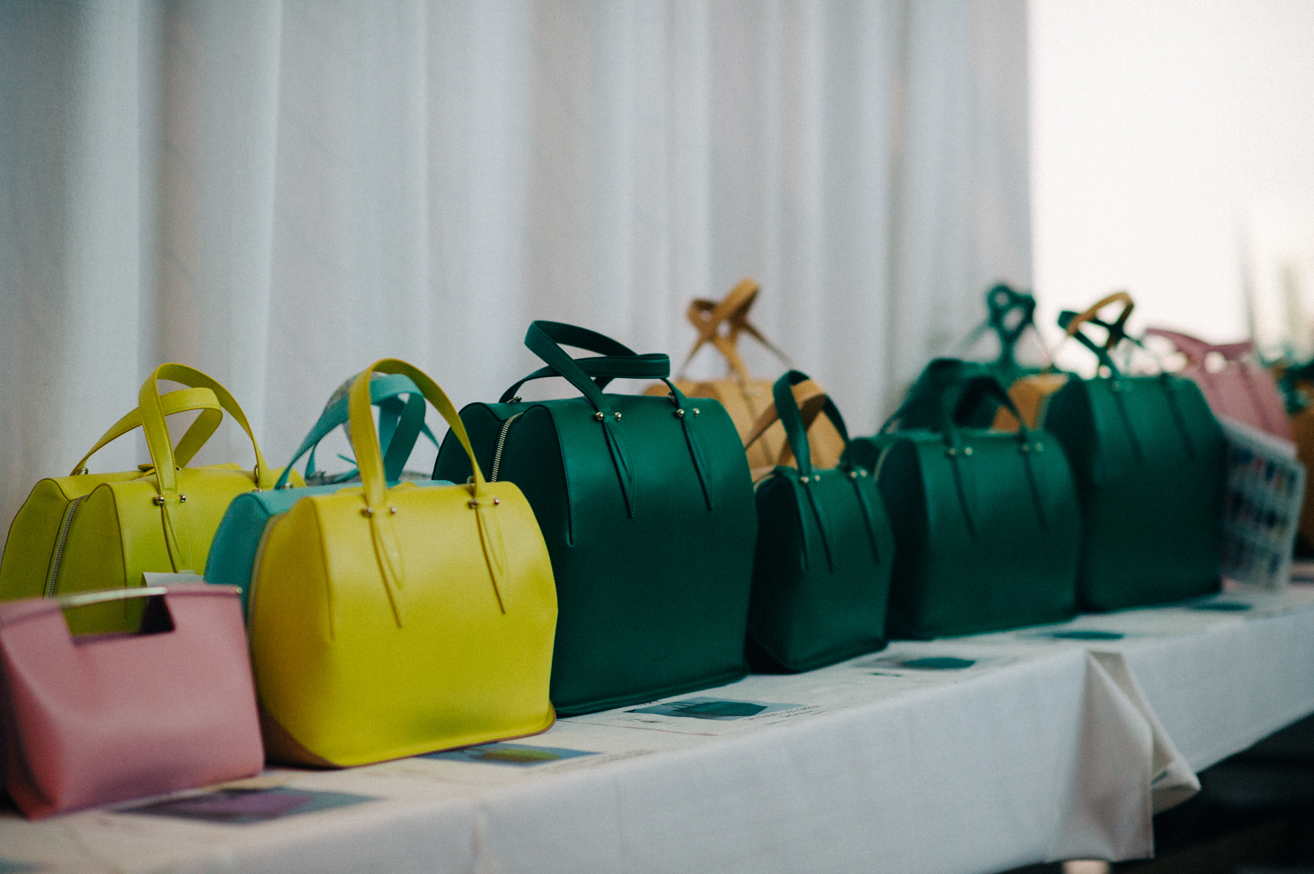 Green and yellow bags lined up before the show