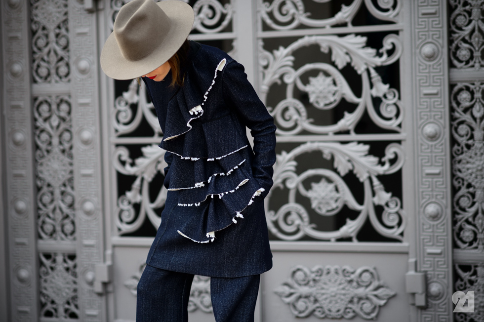 Ukrainian designer wearing denim suit and a hat