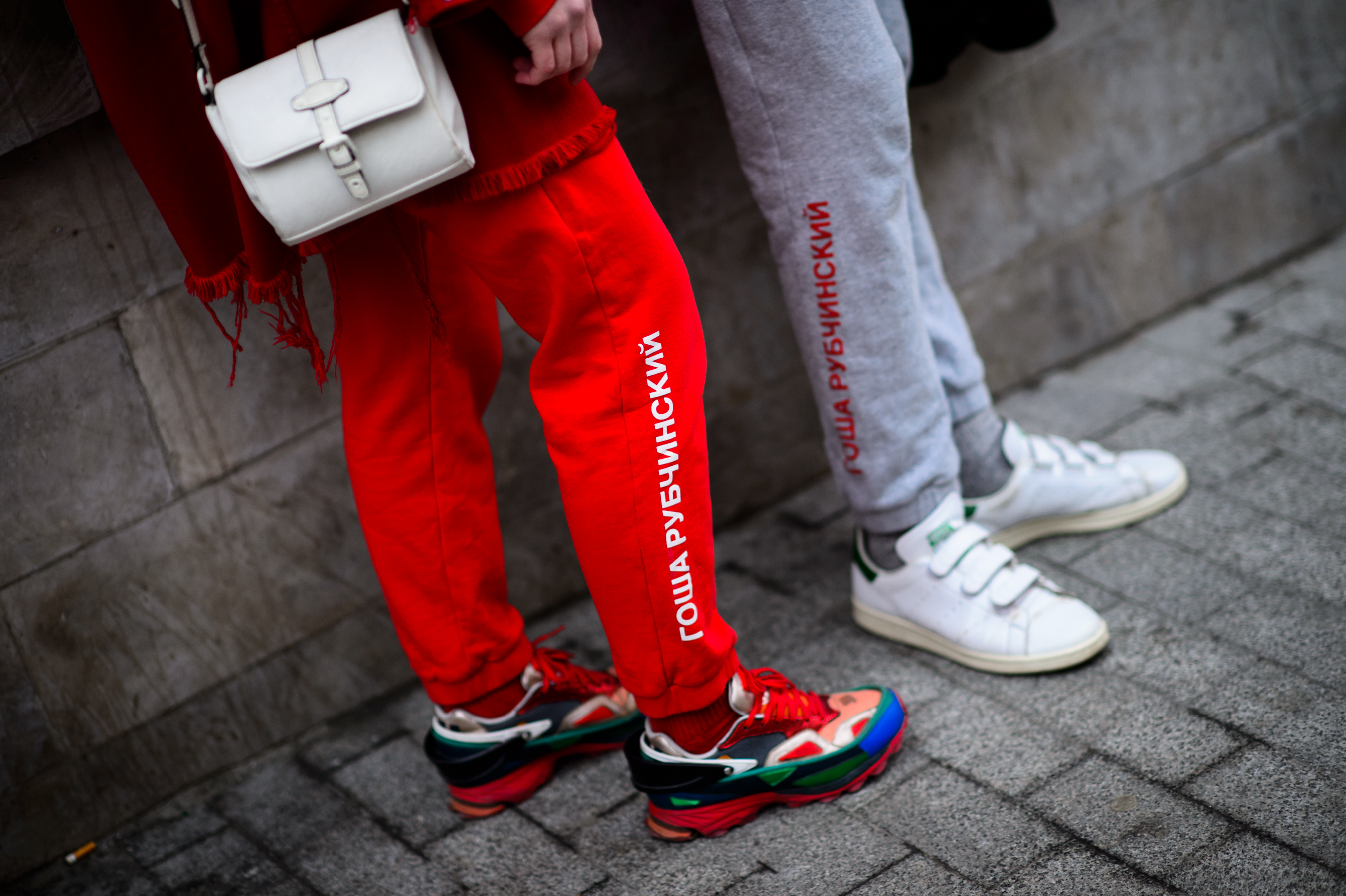 Close up shot of sneakers and training pants