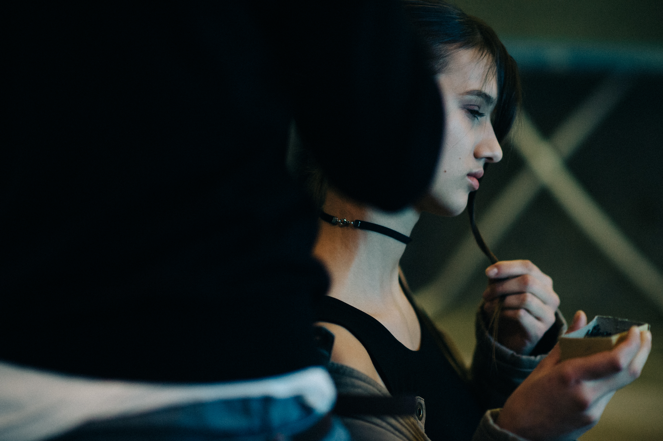 Model holding her hair before the show