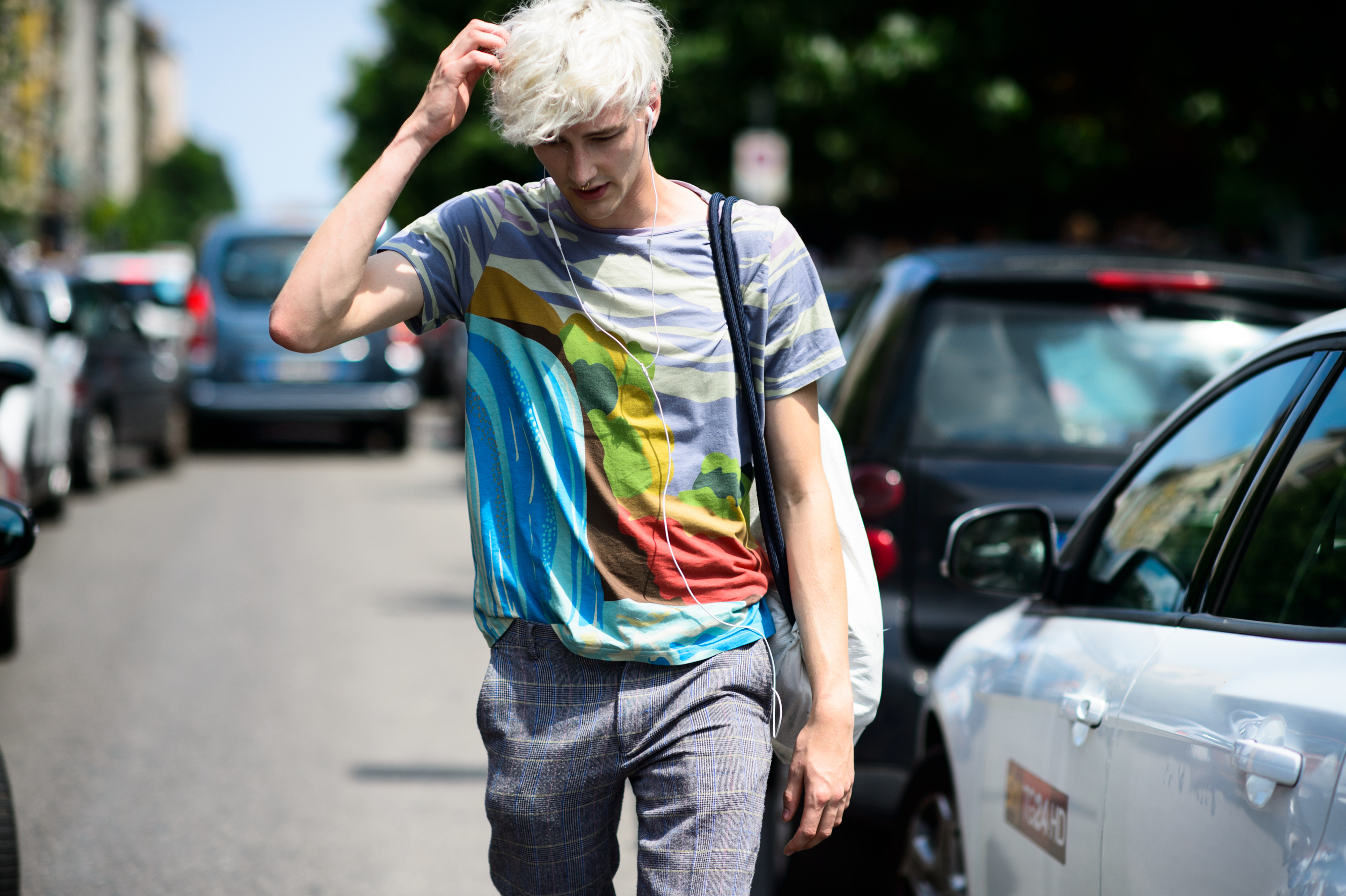 Male model with white hair after the show