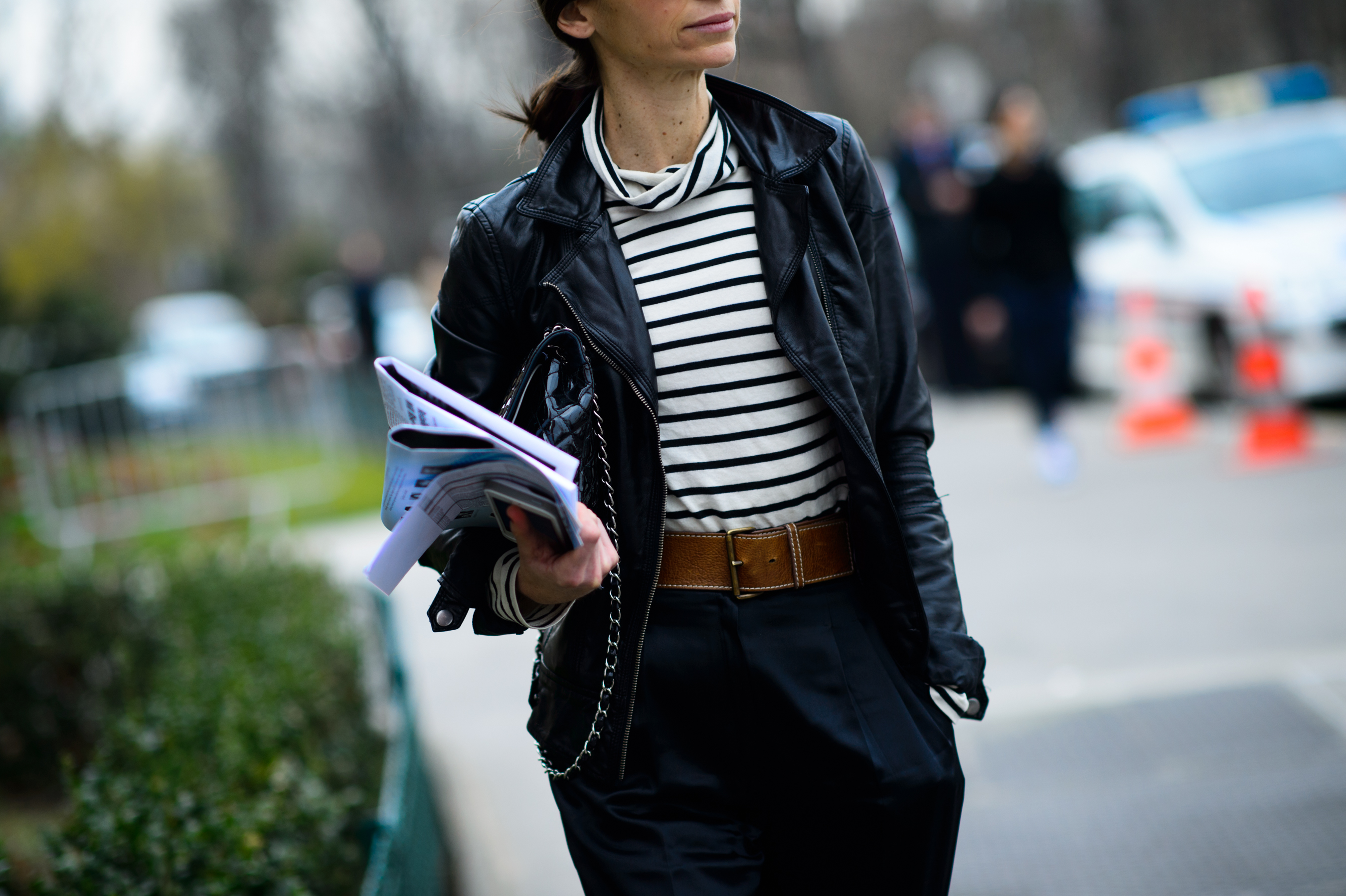 Woman wearing leather jacket