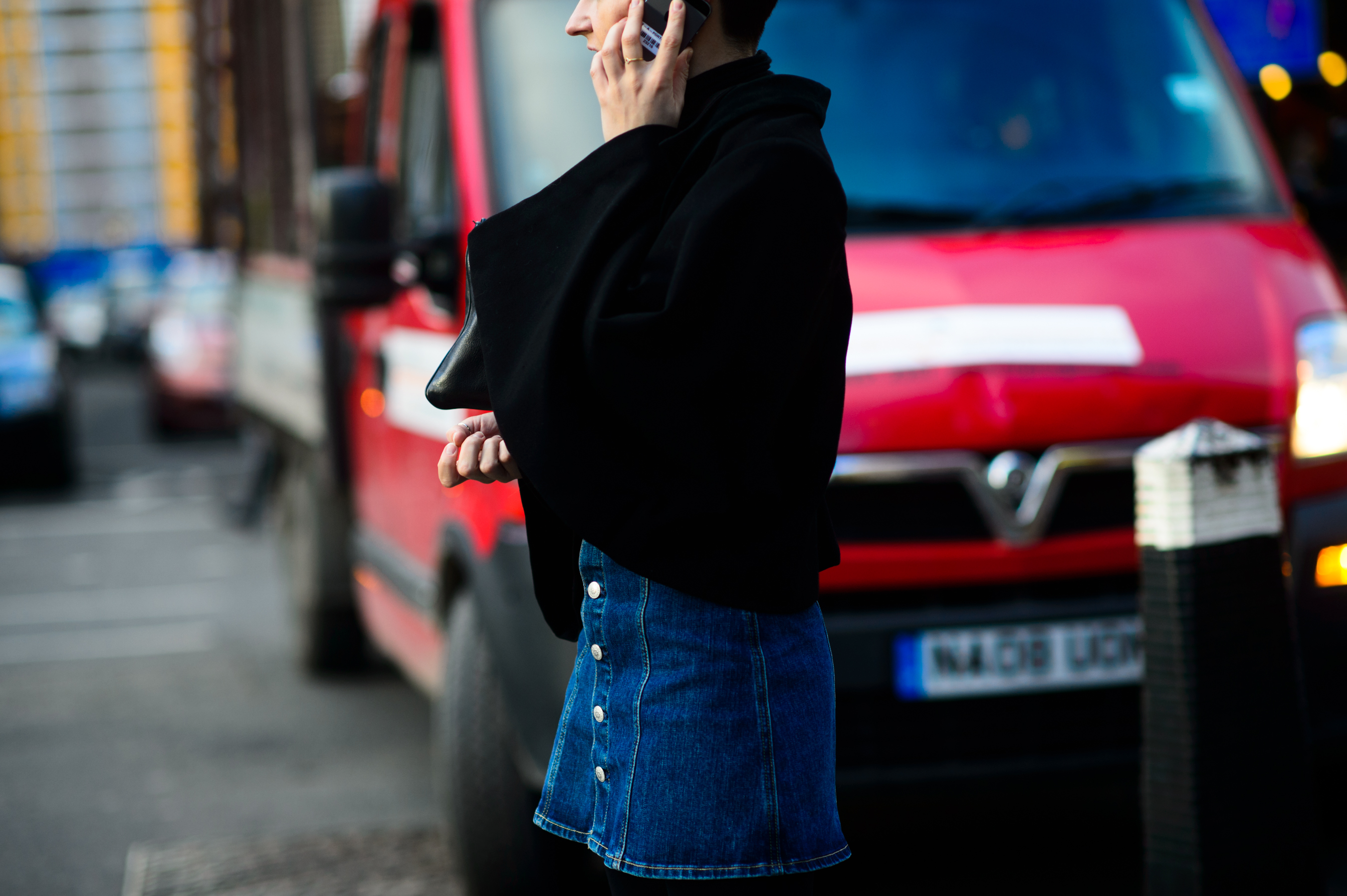 Woman wearing denim skirt