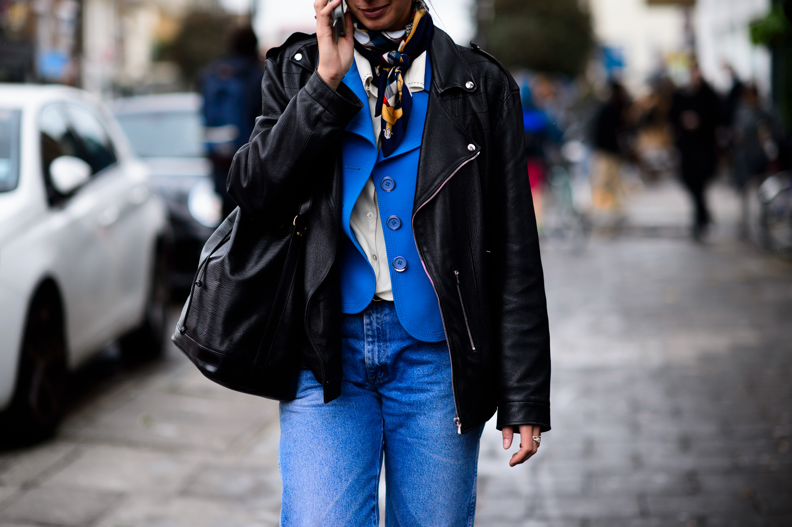 Woman wearing leather jacket