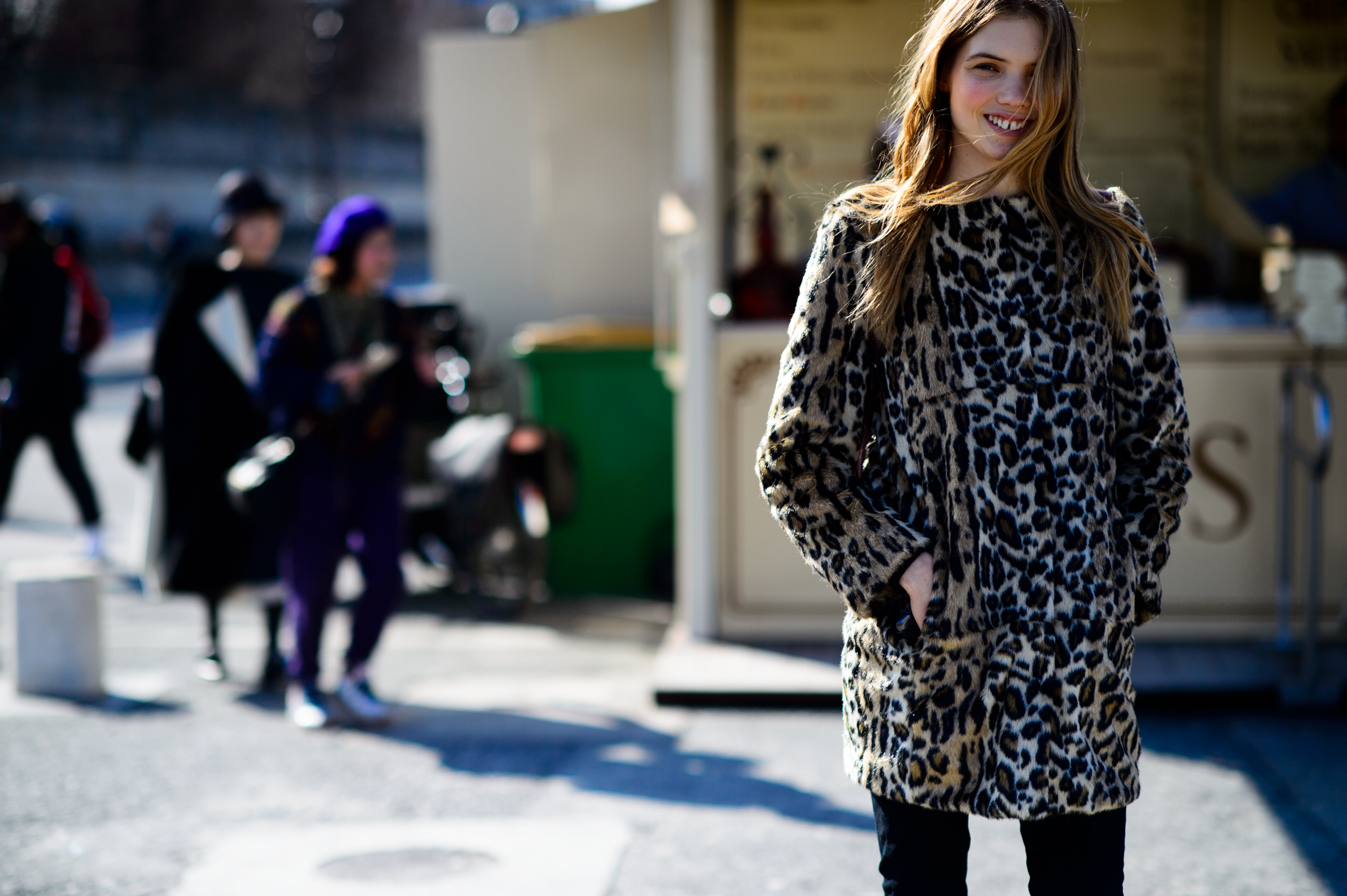 Model wearing animal print coat after the show