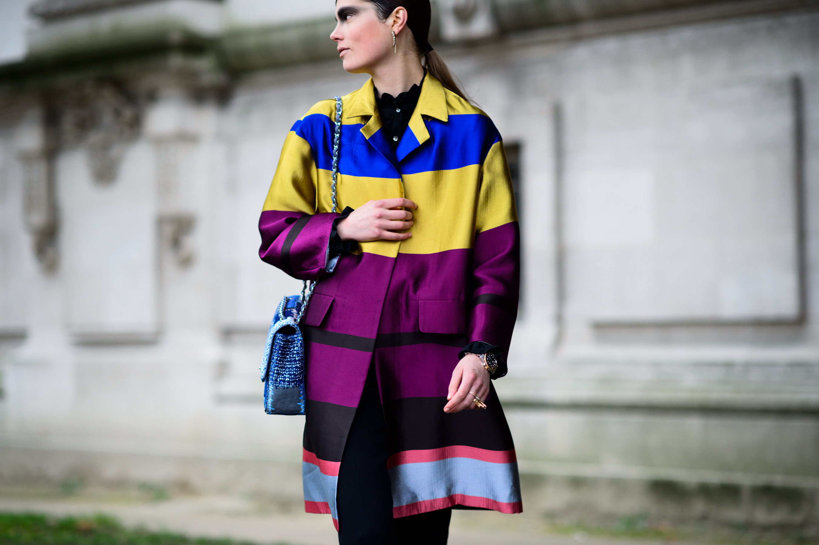 Danish model wearing colorful coat after Chanel