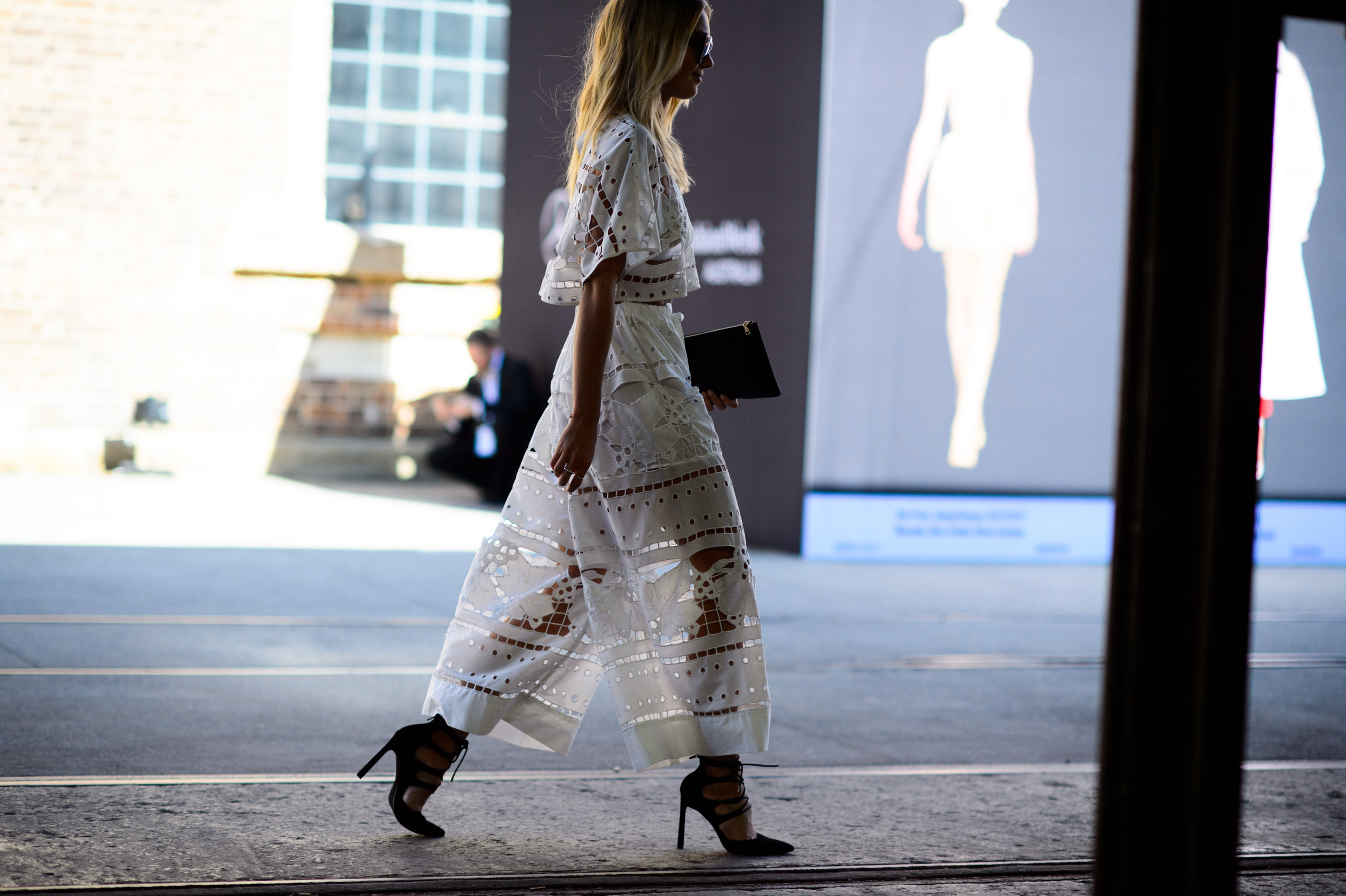 Woman wearing white lace outfit