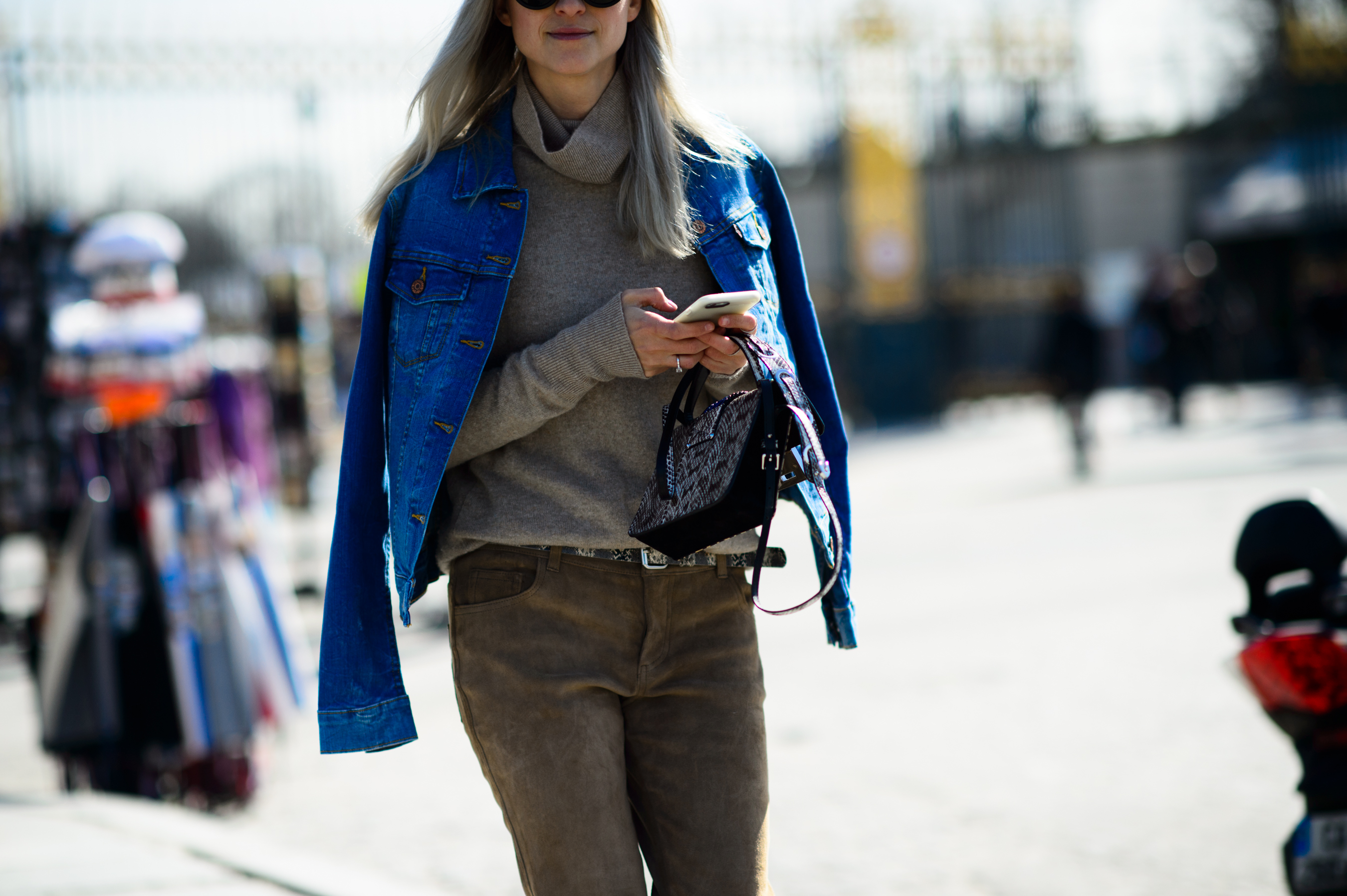 Dutch blogger wearing suede pants and denim jacket