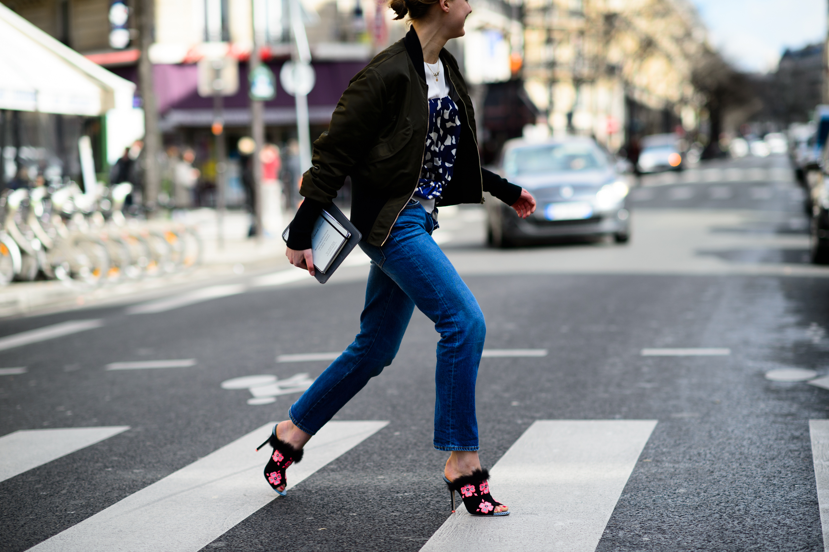 Woman crossing the road