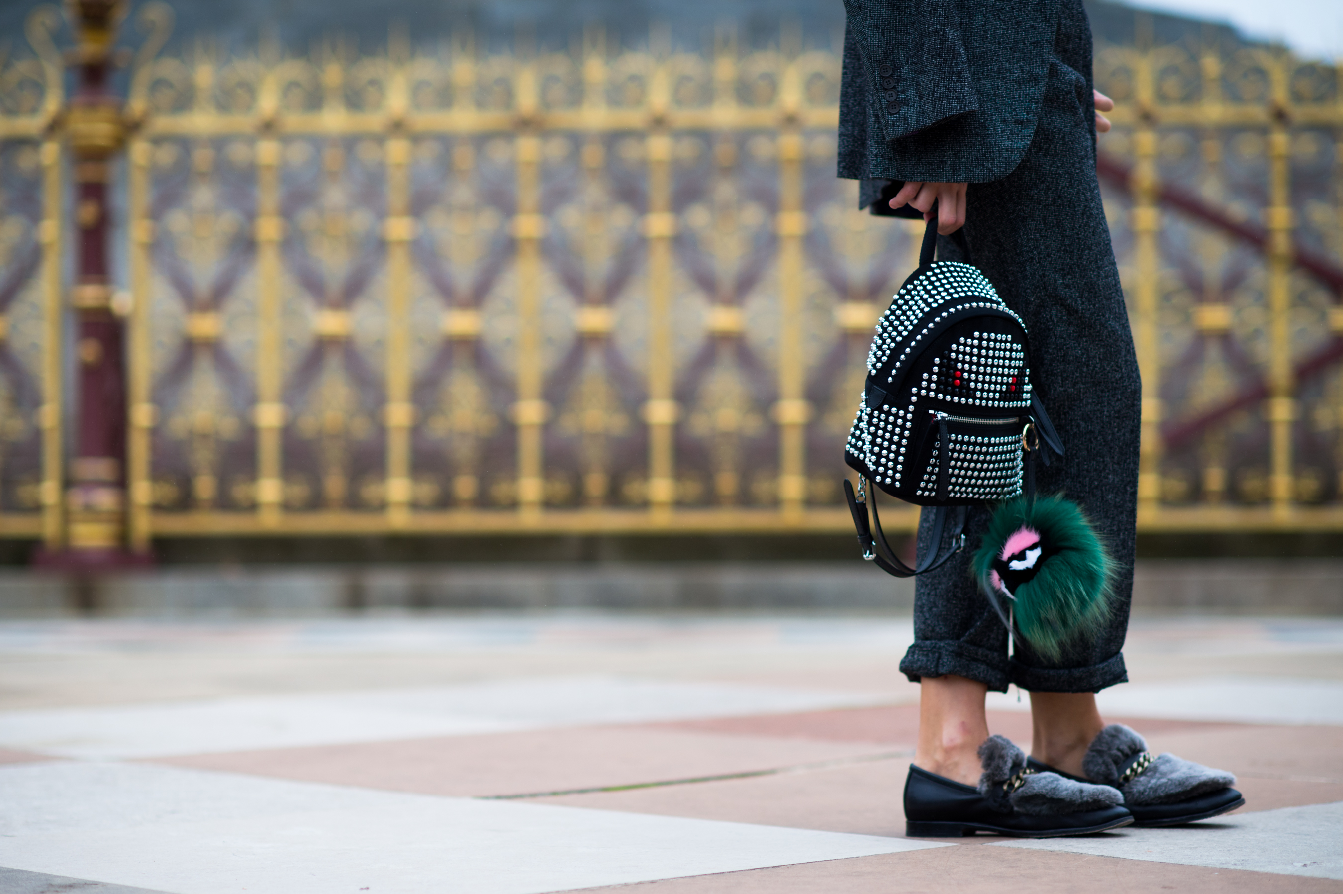 Close up of furry loafers and keychain