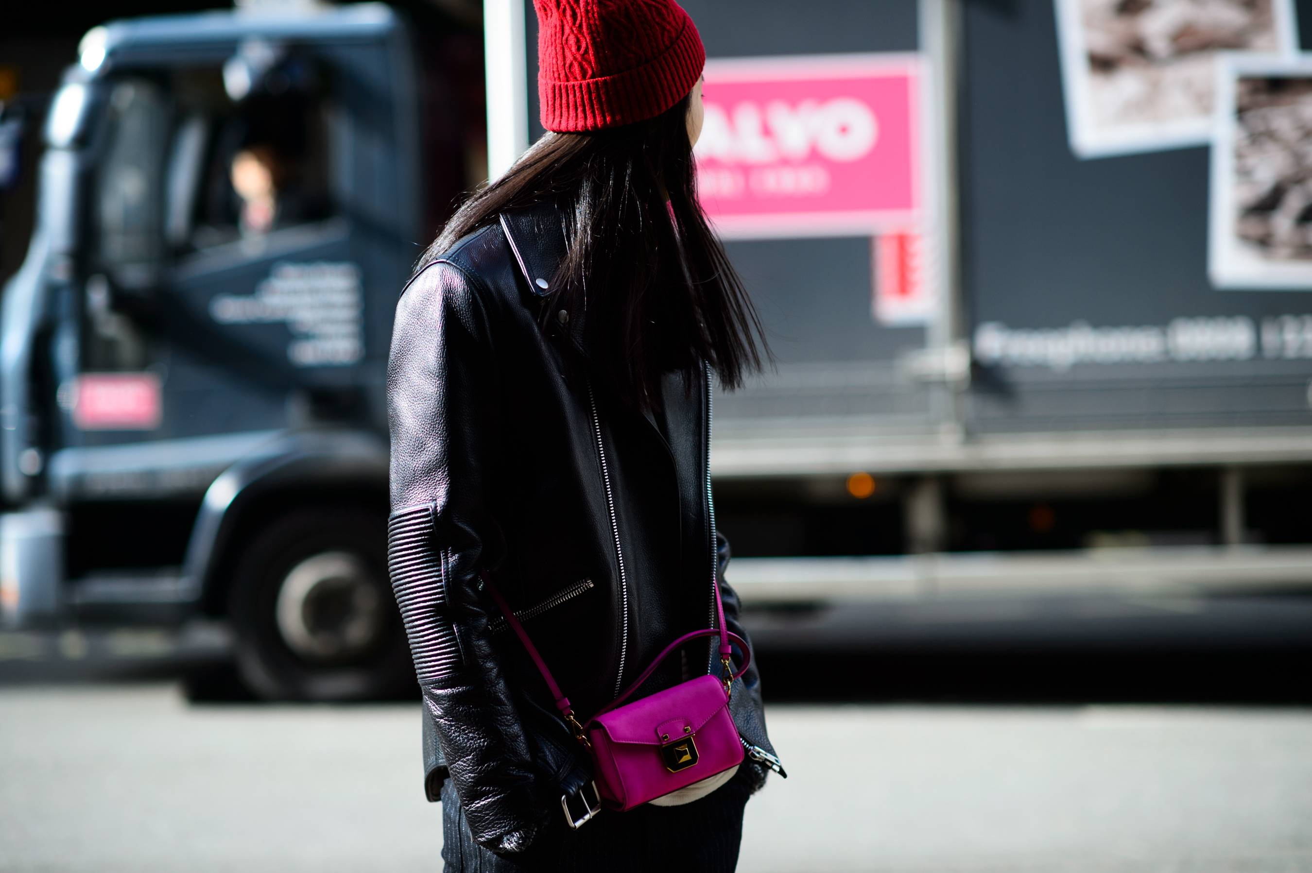 Asian model wearing red hat