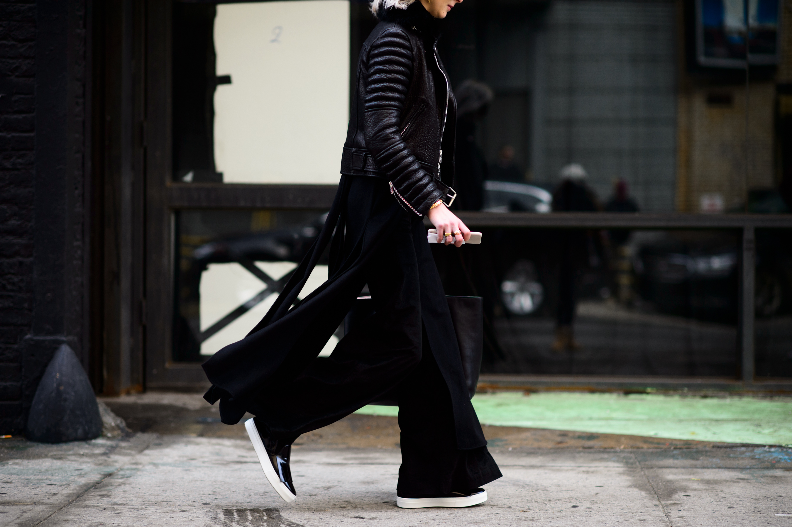 Woman wearing leather coat
