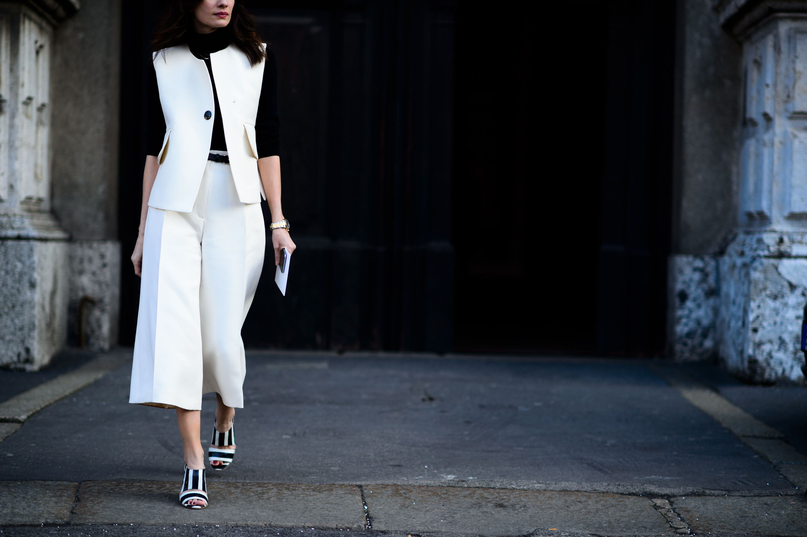 Stylebop buyer wearing white vest and culottes