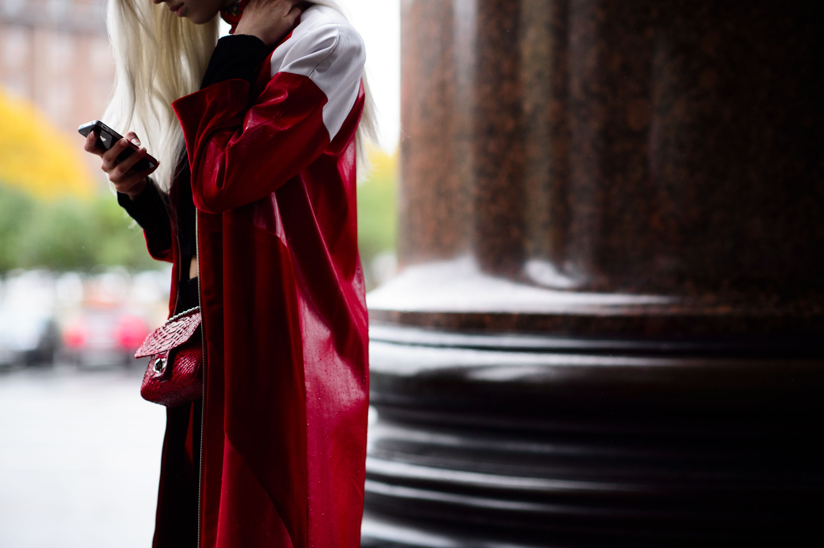 Russian blogger wearing red coat