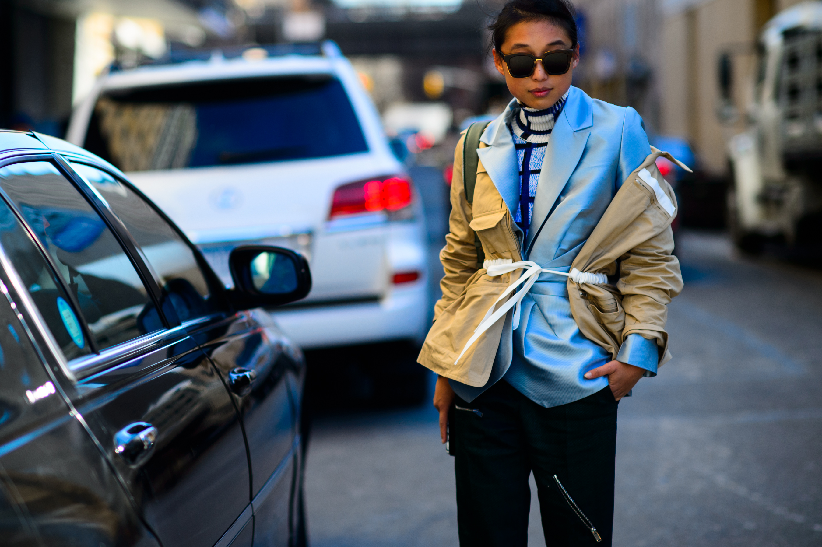 Australian blogger and stylist wearing blue jacket