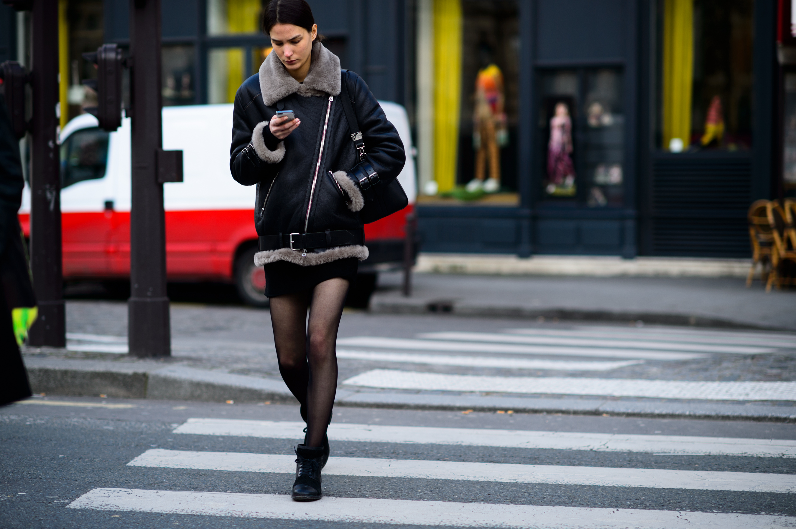 Model wearing sheepskin fur after the show