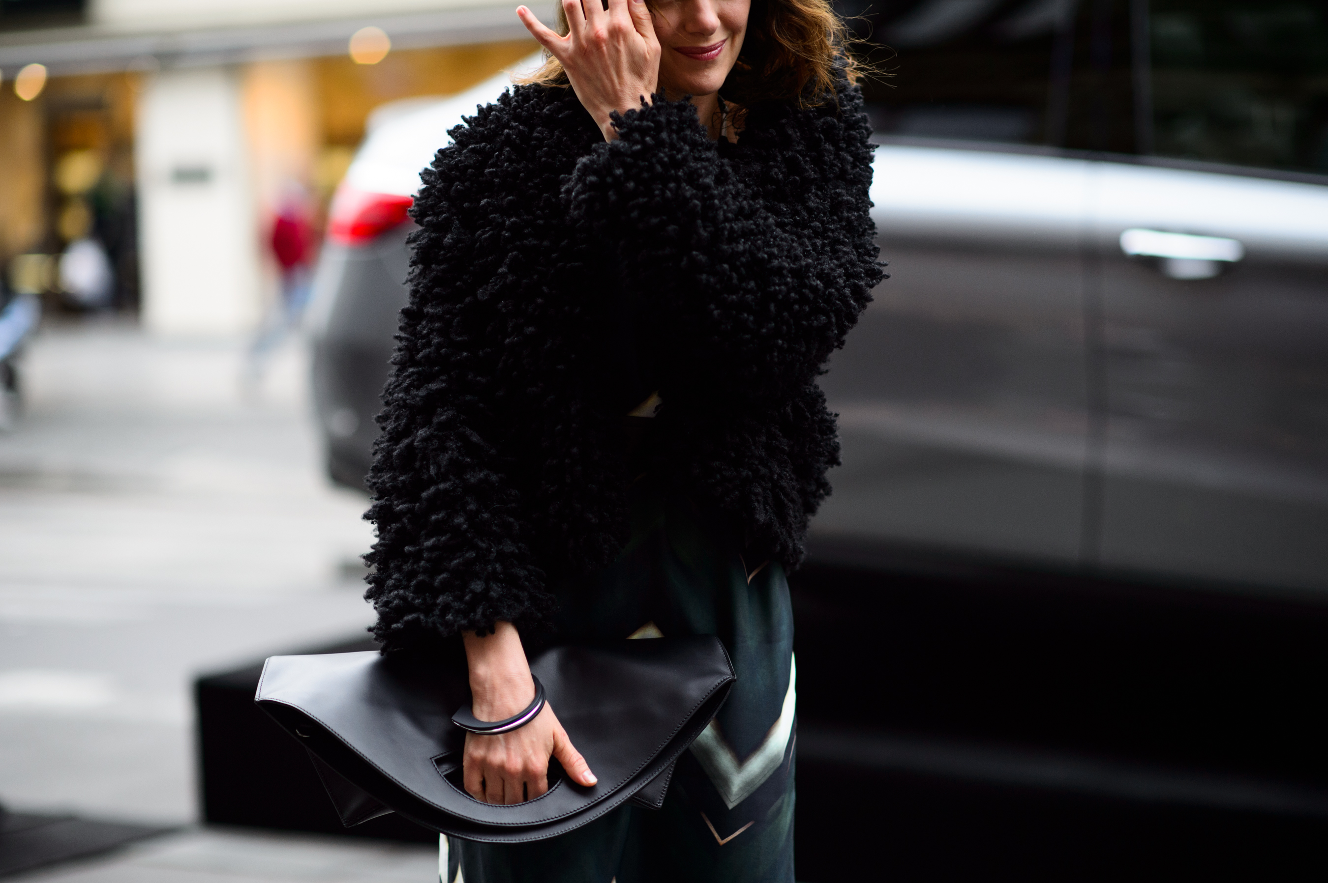 Woman wearing textured jacket