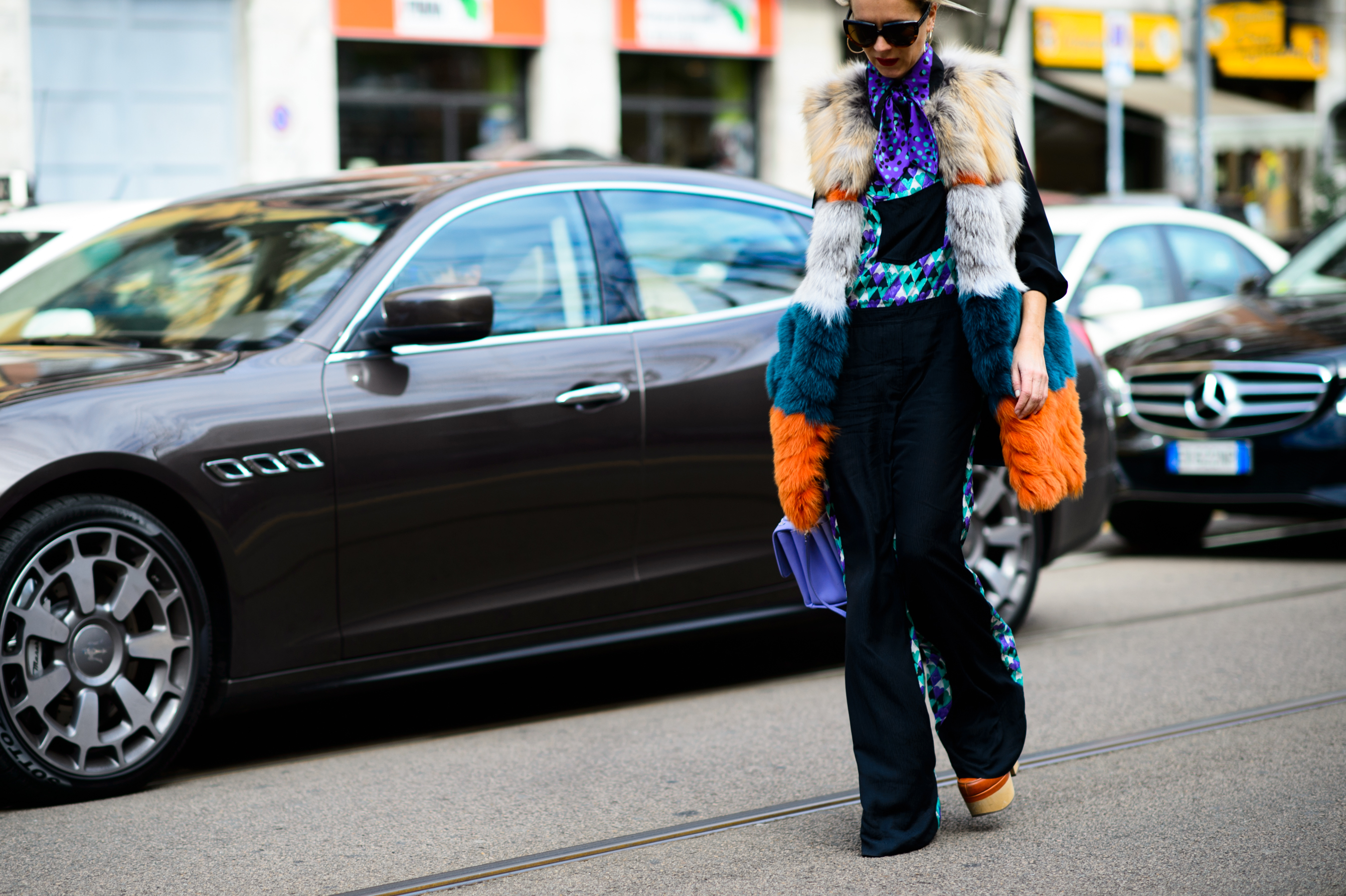 Woman wearing furry vest