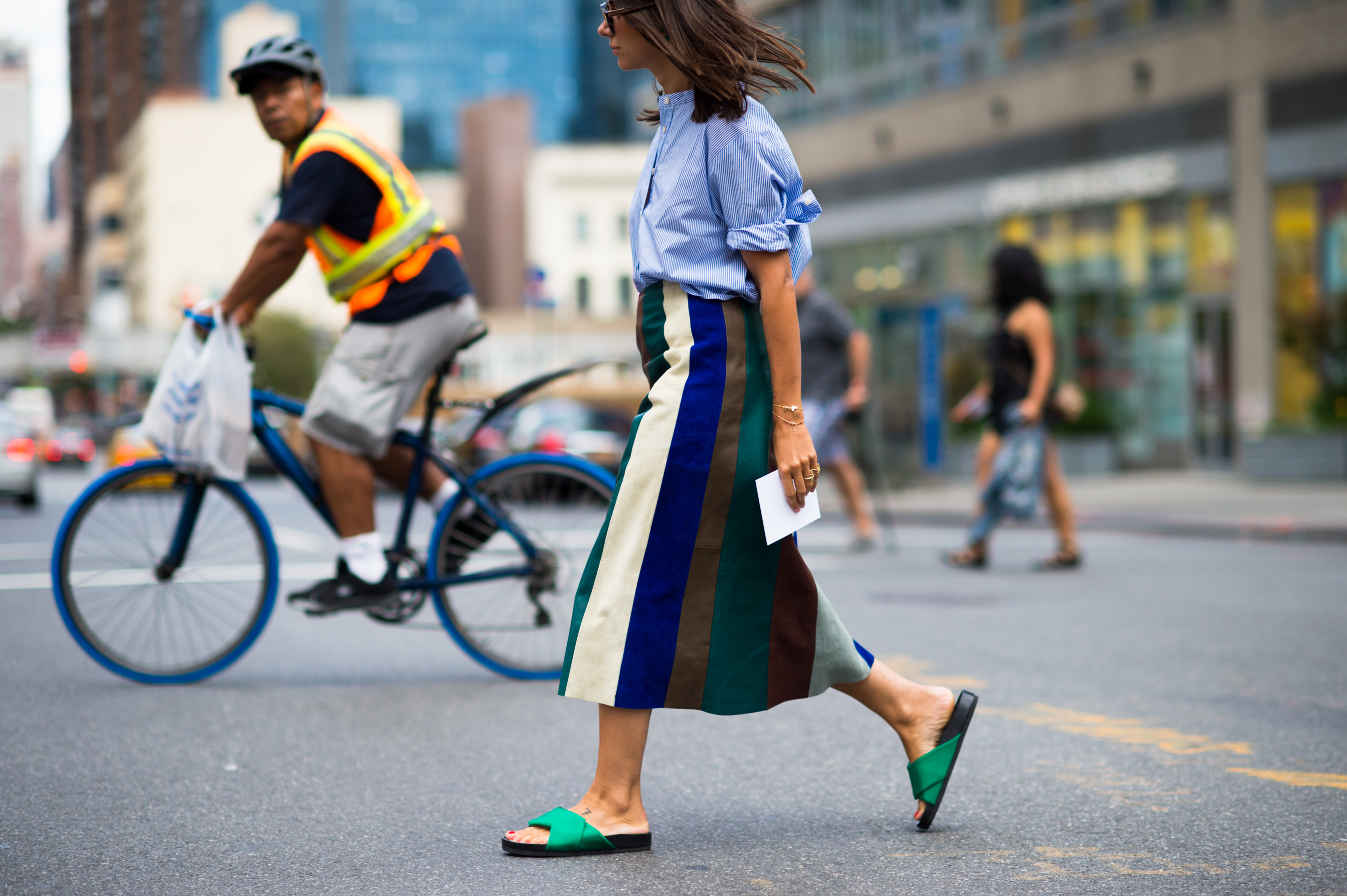 Russian buyer and stylist wearing green sliders and colorful skirt