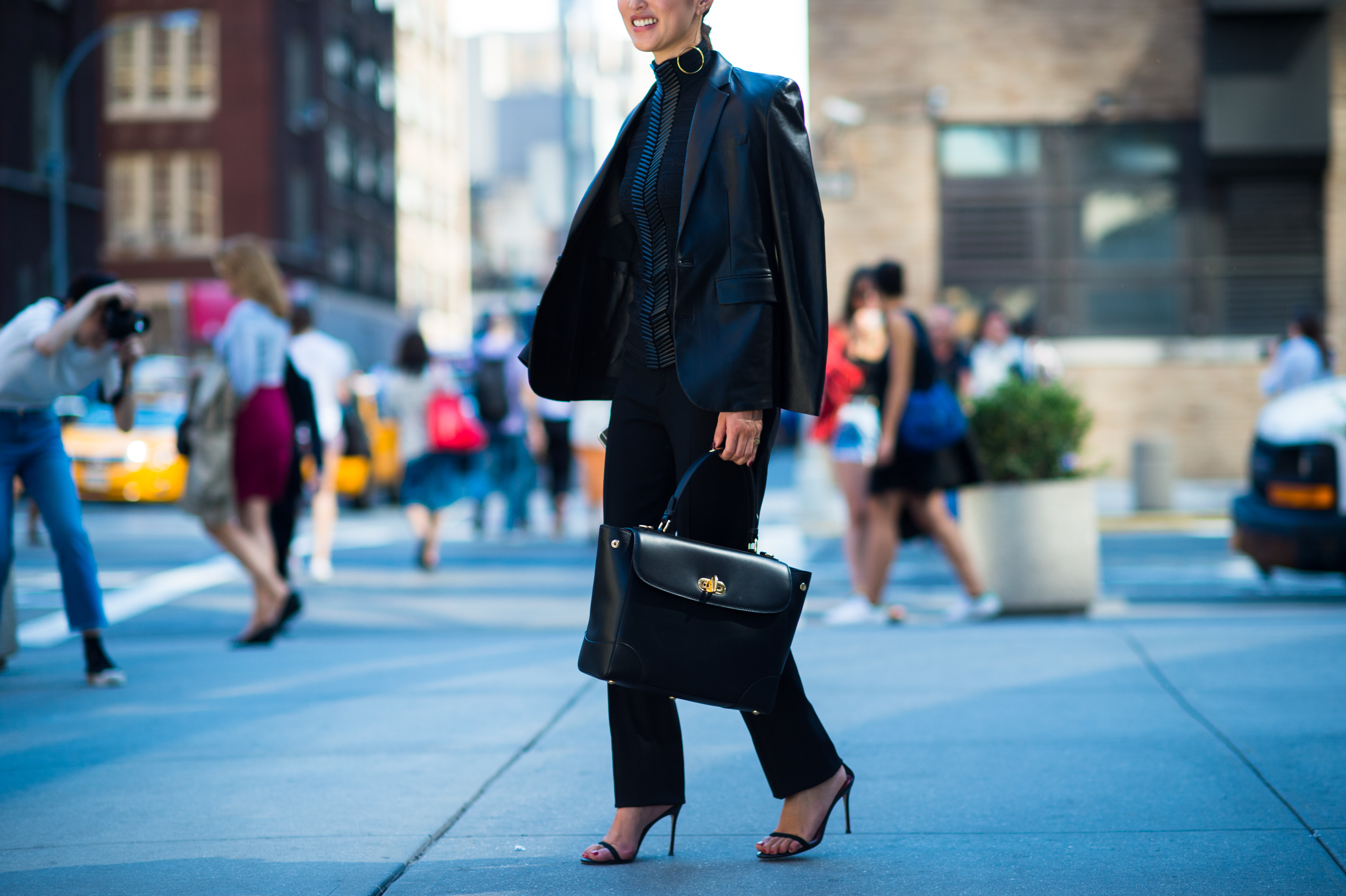 Woman wearing leather jacket