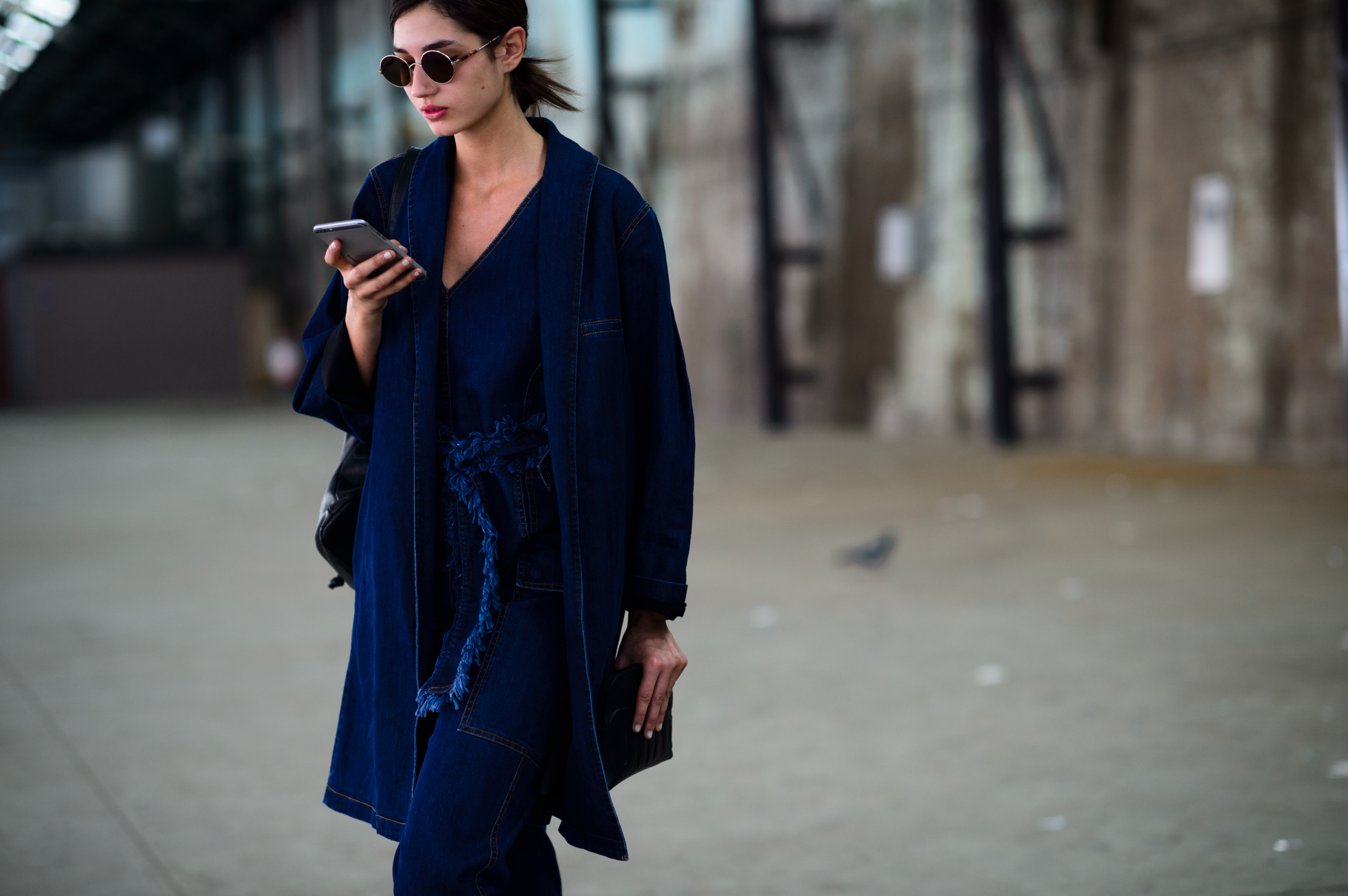 Model wearing total denim outfit