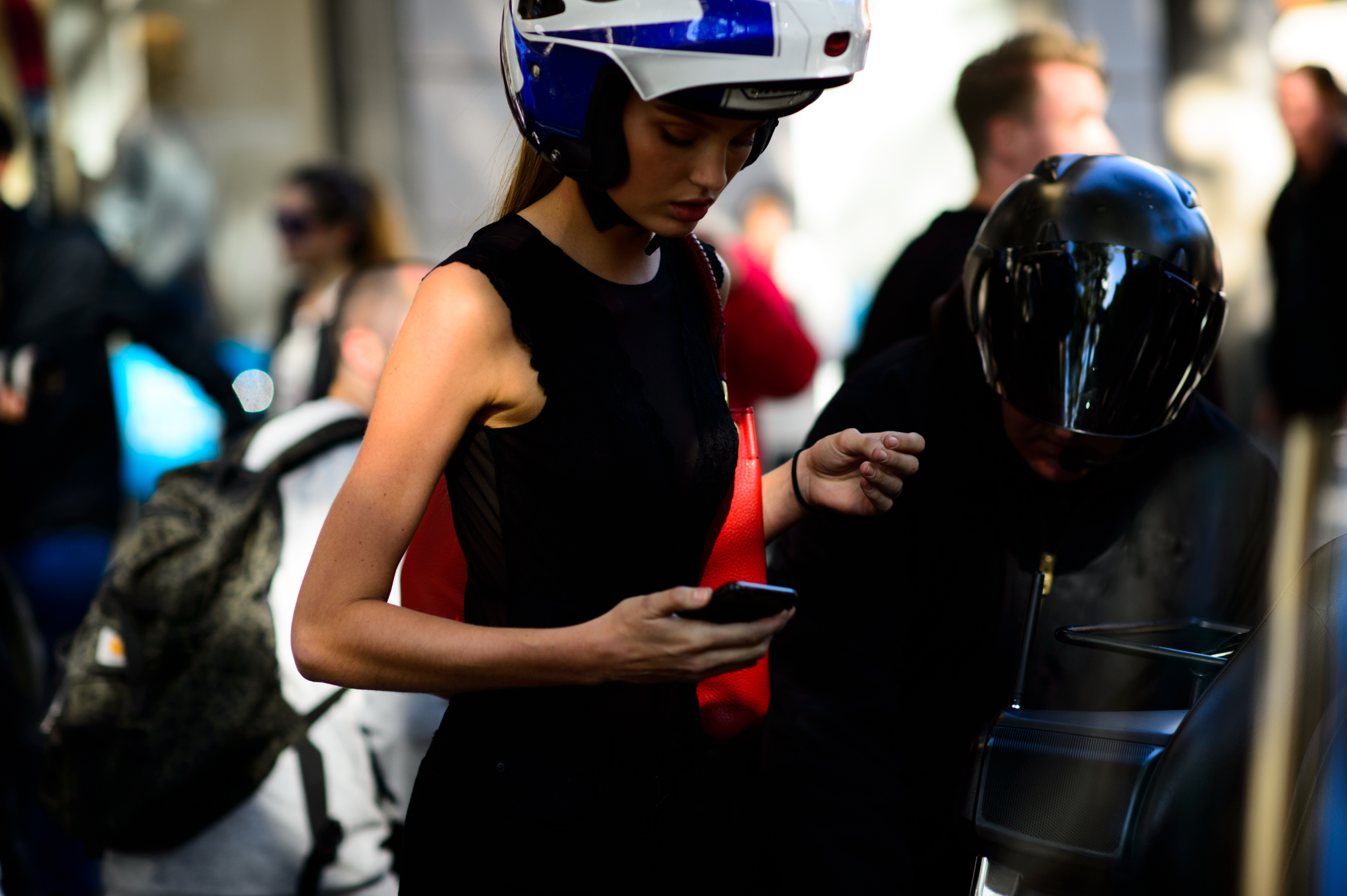 Model wearing a helmet after Balmain show