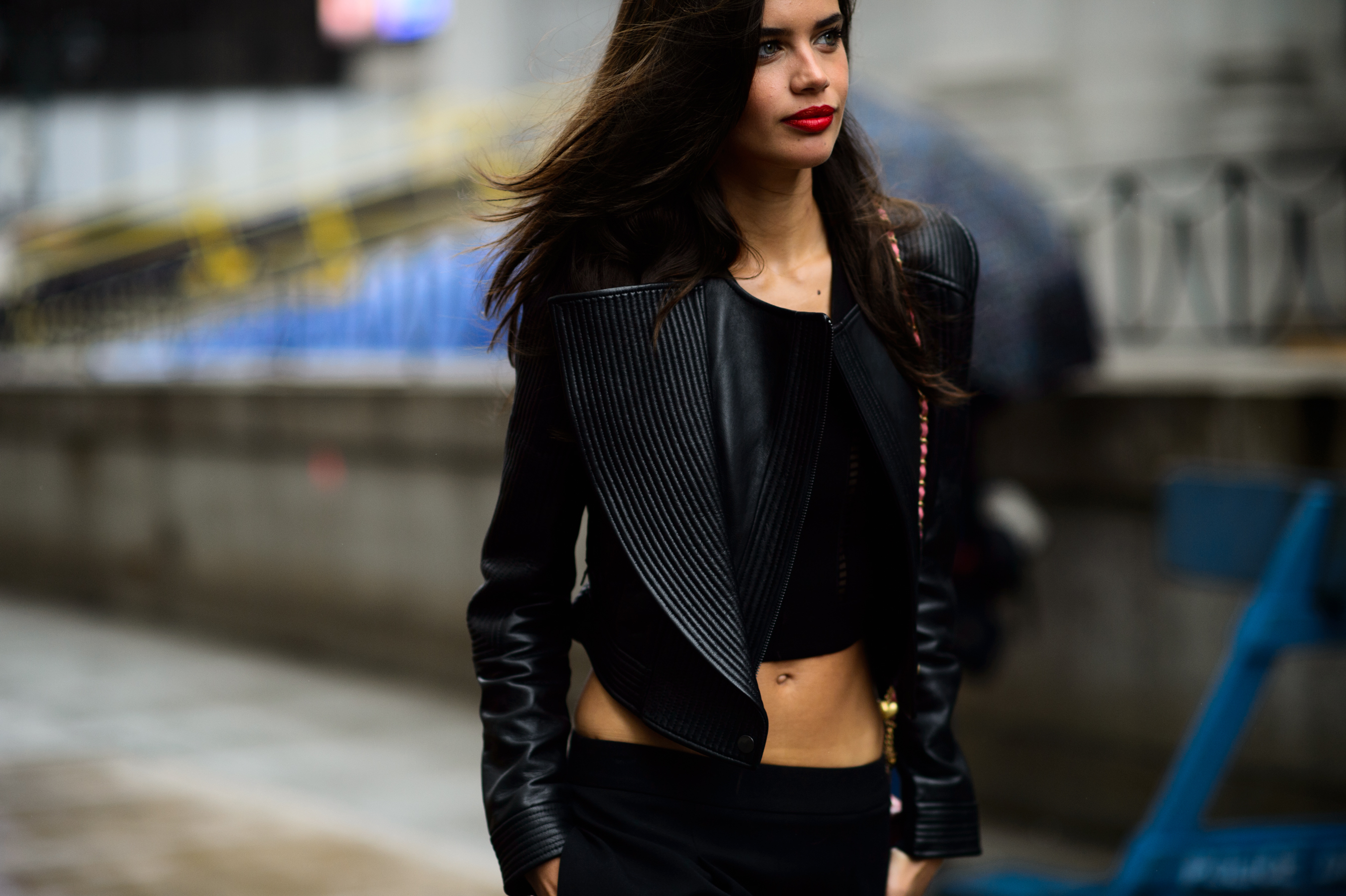 Portuguese model wearing leather jacket