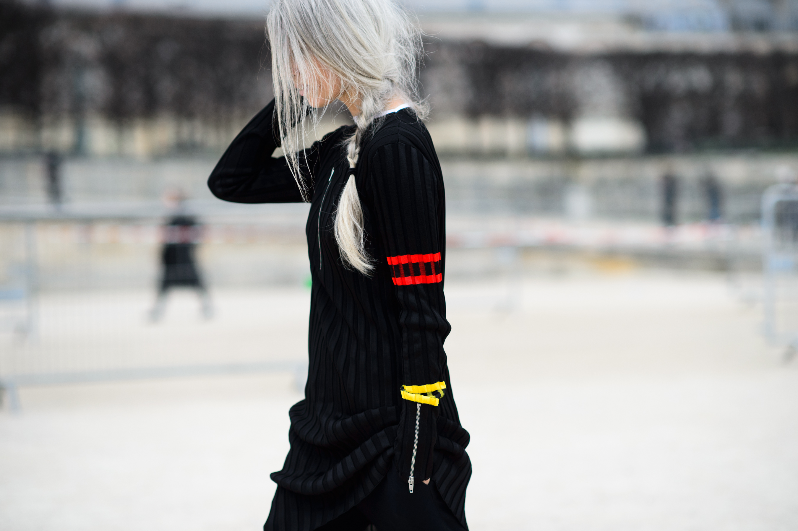 British Vogue editor with silver hair before the show
