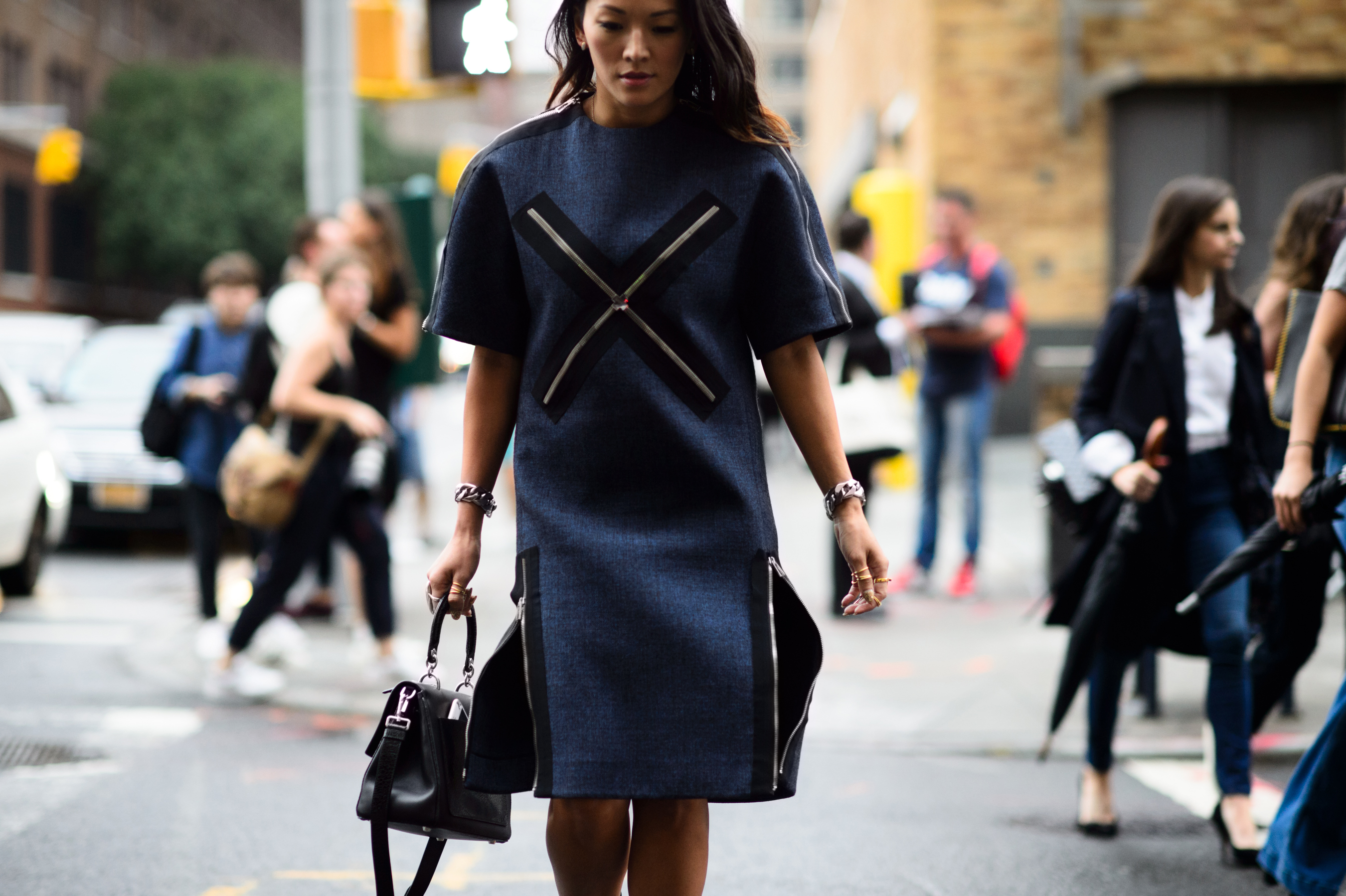 Woman wearing grey dress